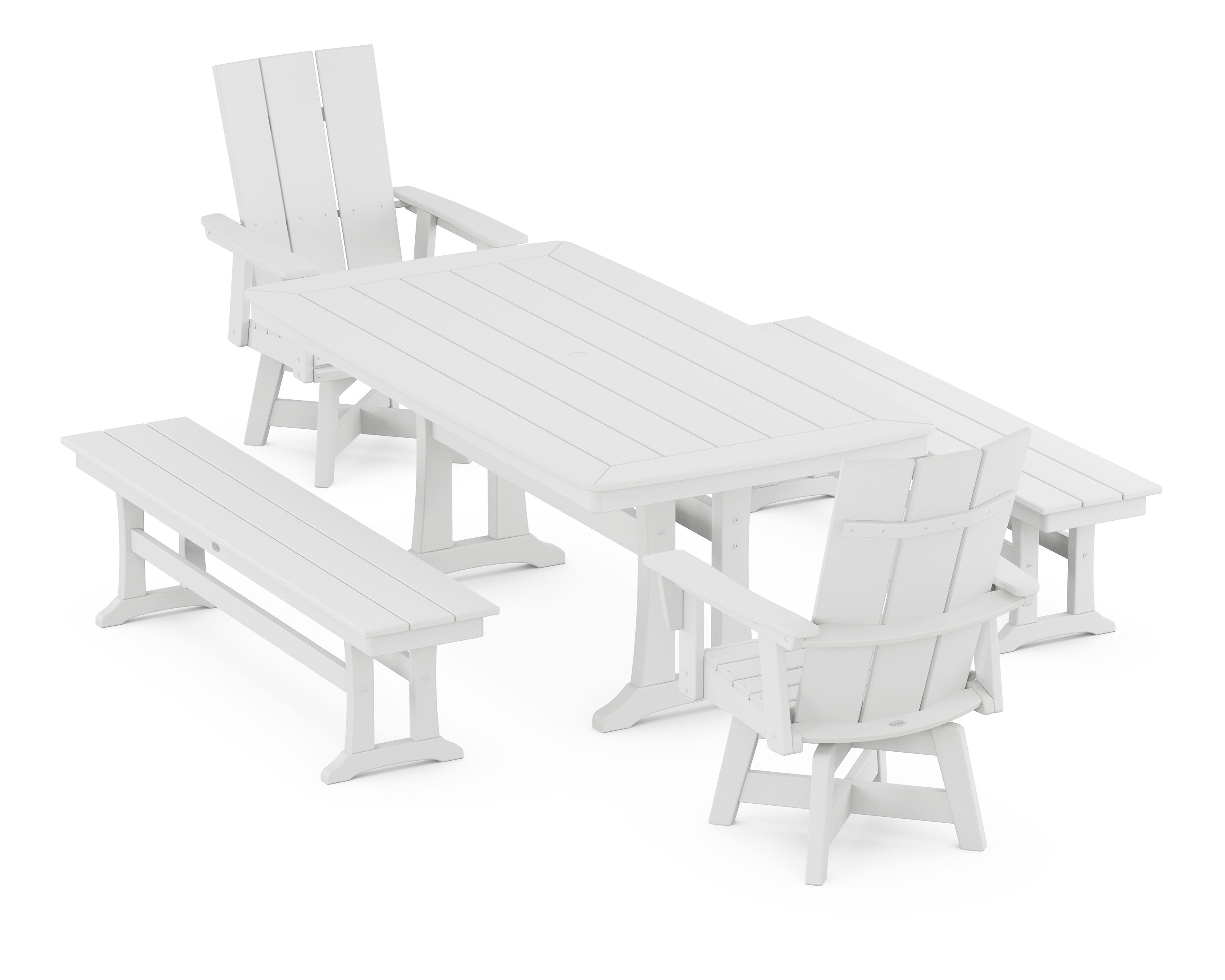 Modern Curveback Adirondack Swivel Chair 5-Piece Dining Set with Trestle Legs and Benches in White