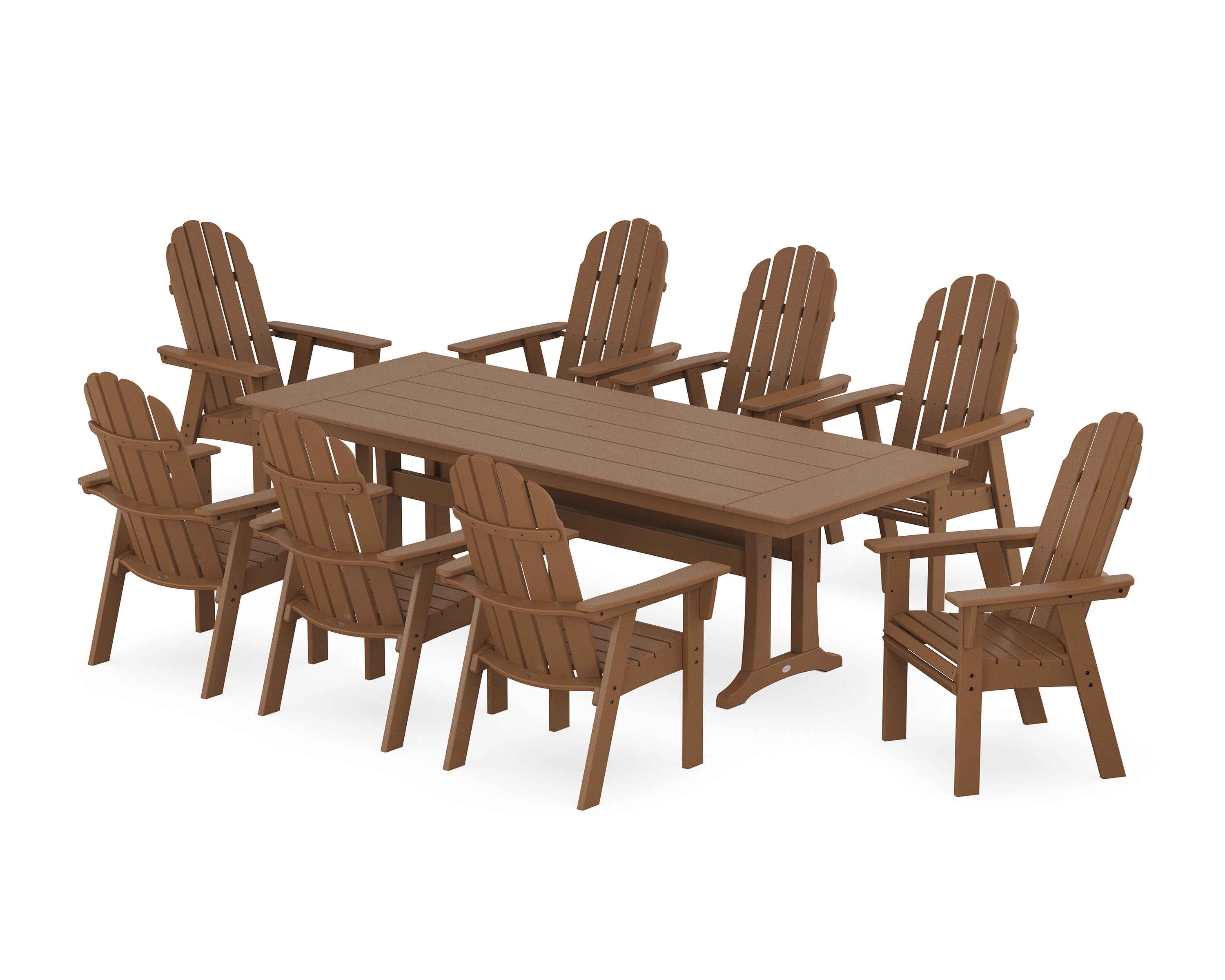Vineyard 9-Piece Curveback Adirondack Farmhouse Dining Set with Trestle Legs in Teak