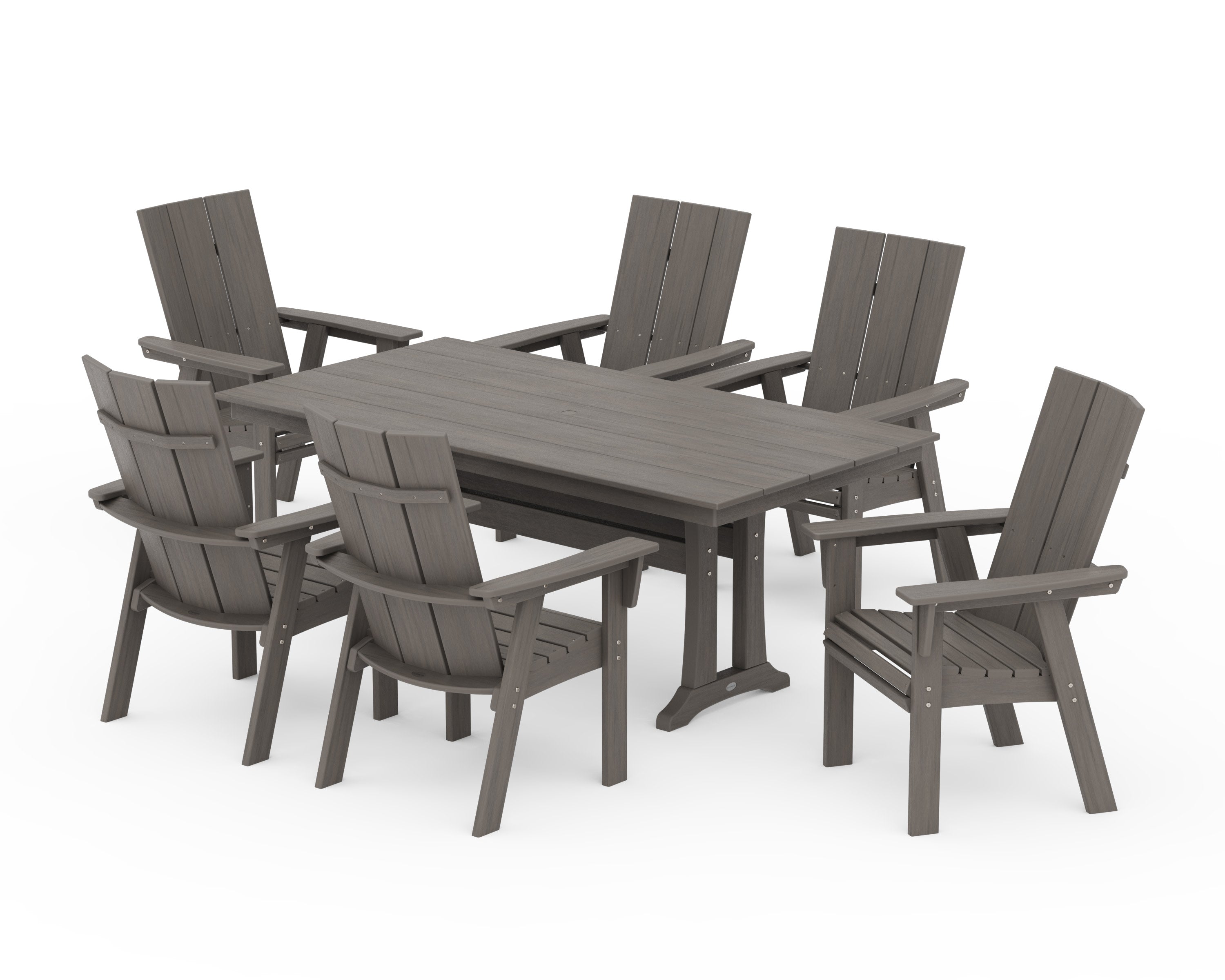Modern Curveback Adirondack 7-Piece Farmhouse Dining Set with Trestle Legs in Driftwood