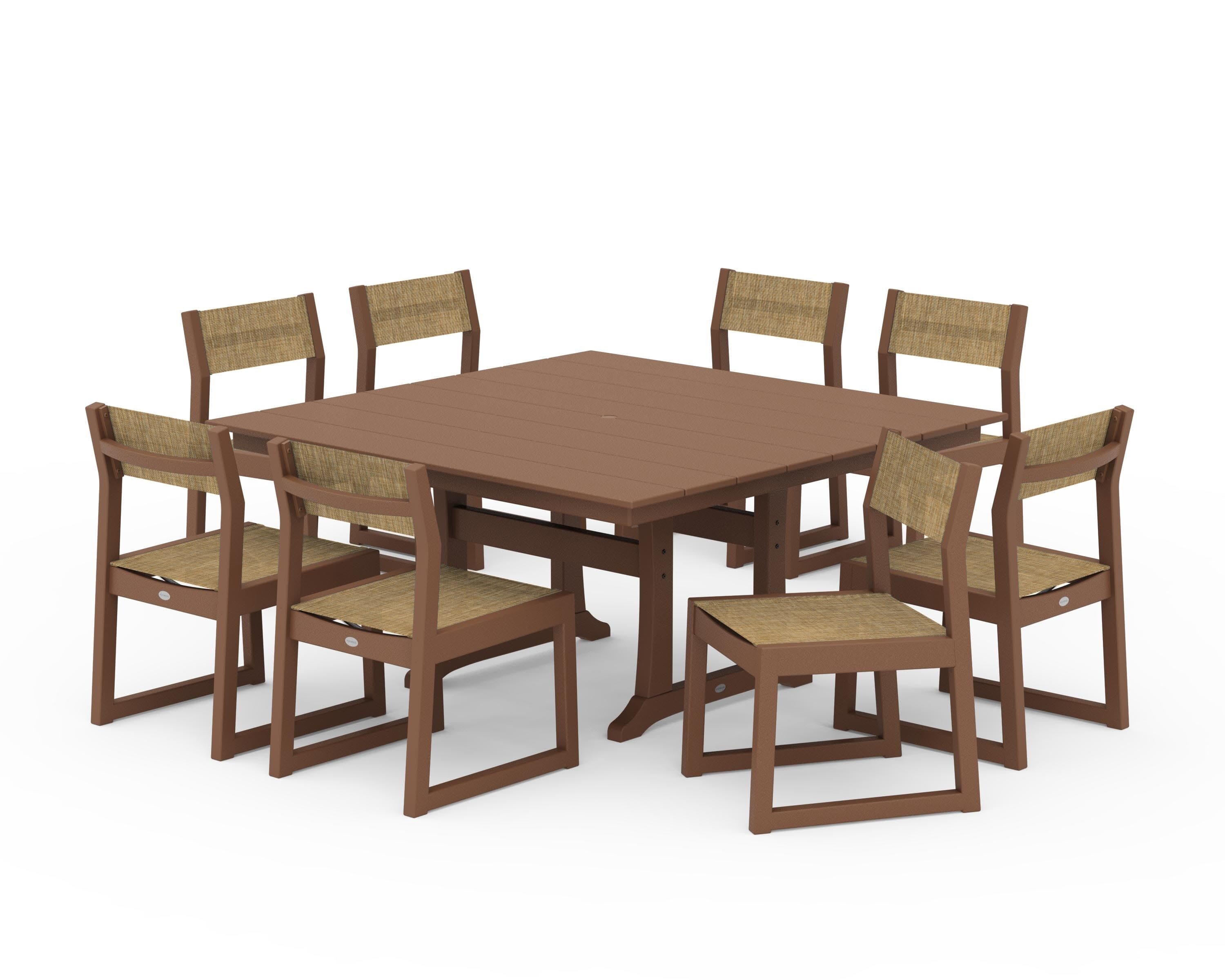 EDGE Sling Side Chair 9-Piece Farmhouse Trestle Dining Set in Teak / Burlap Sling