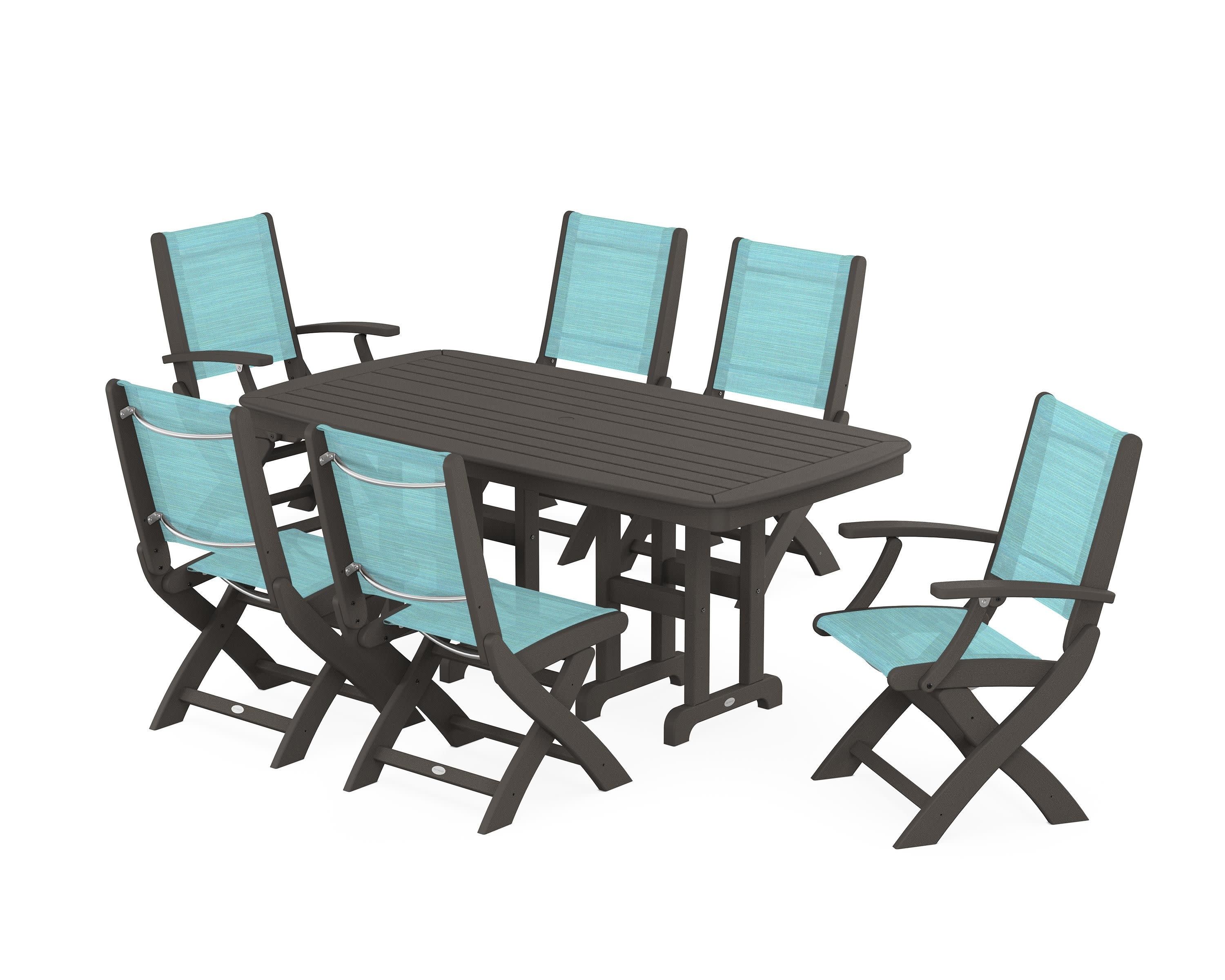 Coastal Folding Chair 7-Piece Dining Set in Vintage Coffee / Dupioni Aquamarine Sling