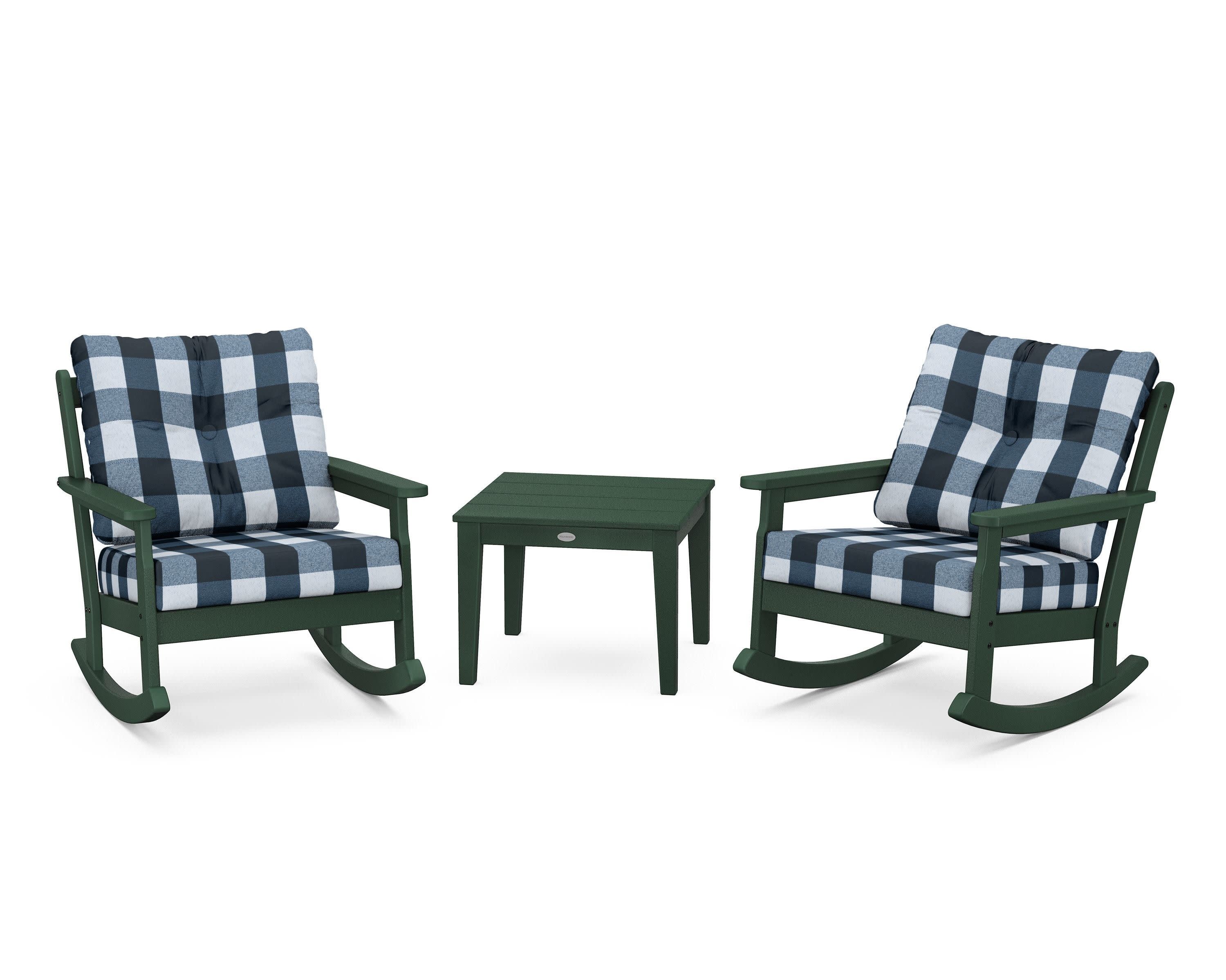 Vineyard 3-Piece Deep Seating Rocker Set in Green / Buffalo Plaid Marine Indigo