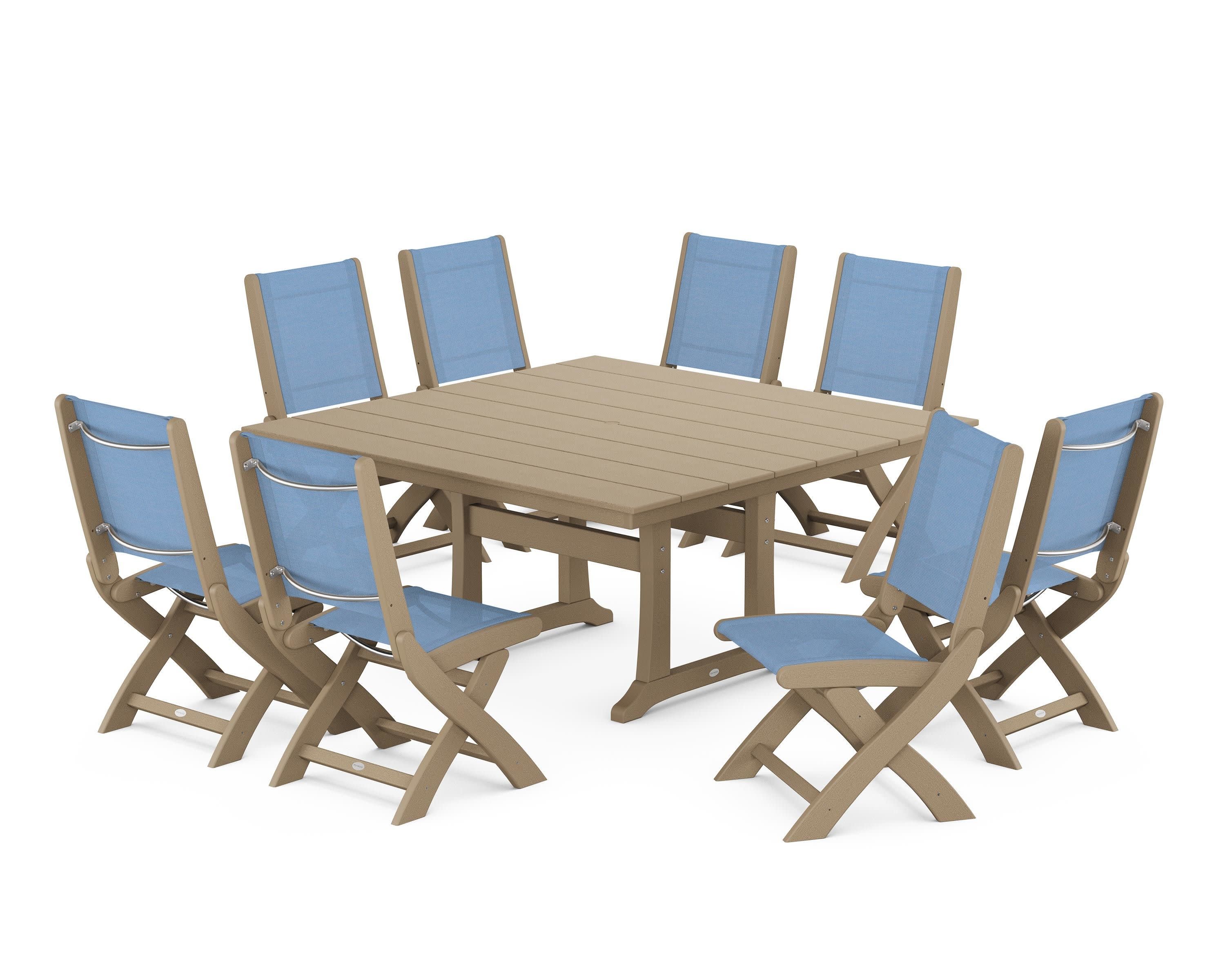 Coastal Folding Side Chair 9-Piece Farmhouse Dining Set in Vintage Sahara / Poolside Sling