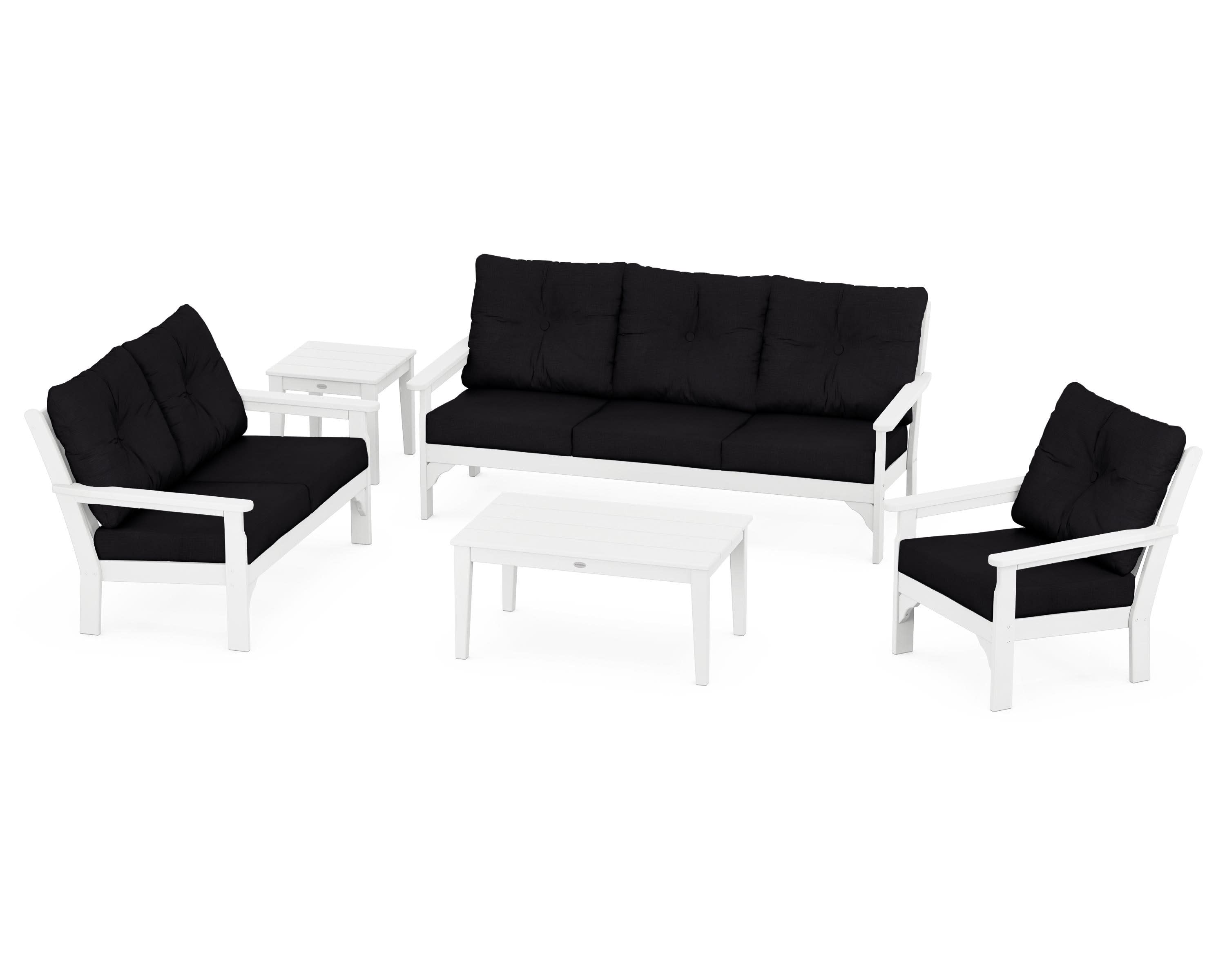 Vineyard 5 Piece Deep Seating Set in White / Midnight Linen