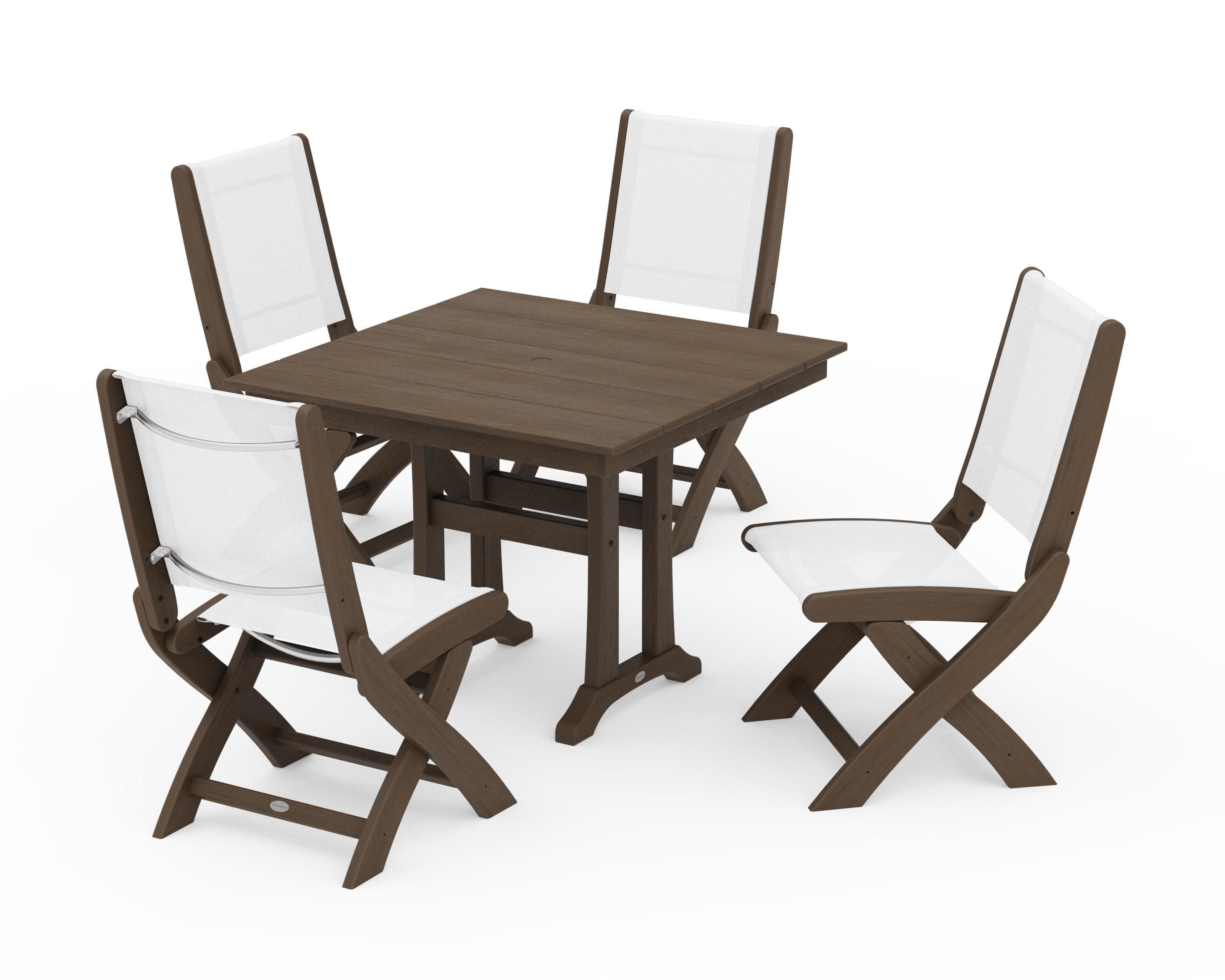 Coastal Folding Side Chair 5-Piece Farmhouse Dining Set With Trestle Legs in Kona / White Sling