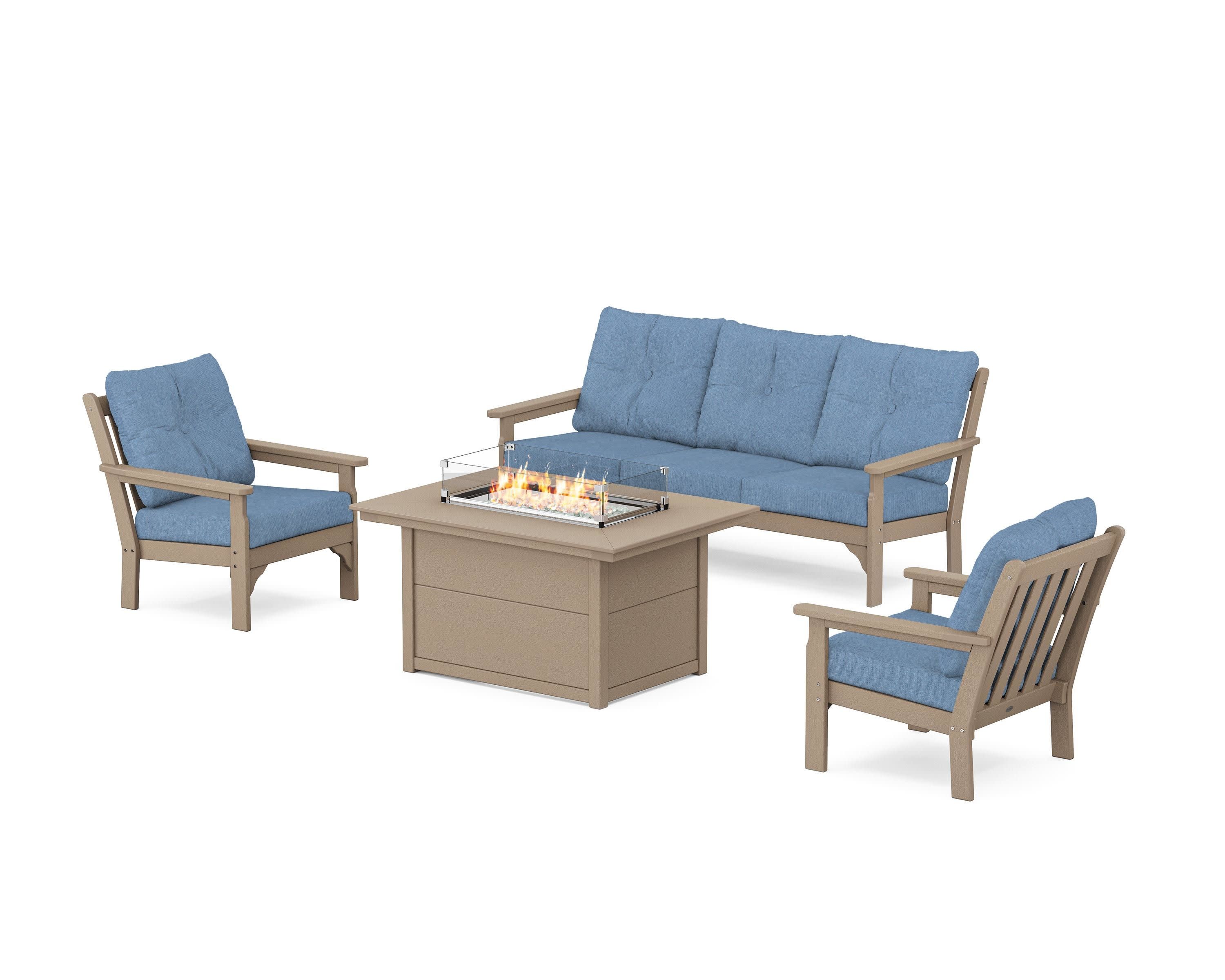 Vineyard Deep Seating Fire Pit Table Set in Vintage Sahara / Sky Blue