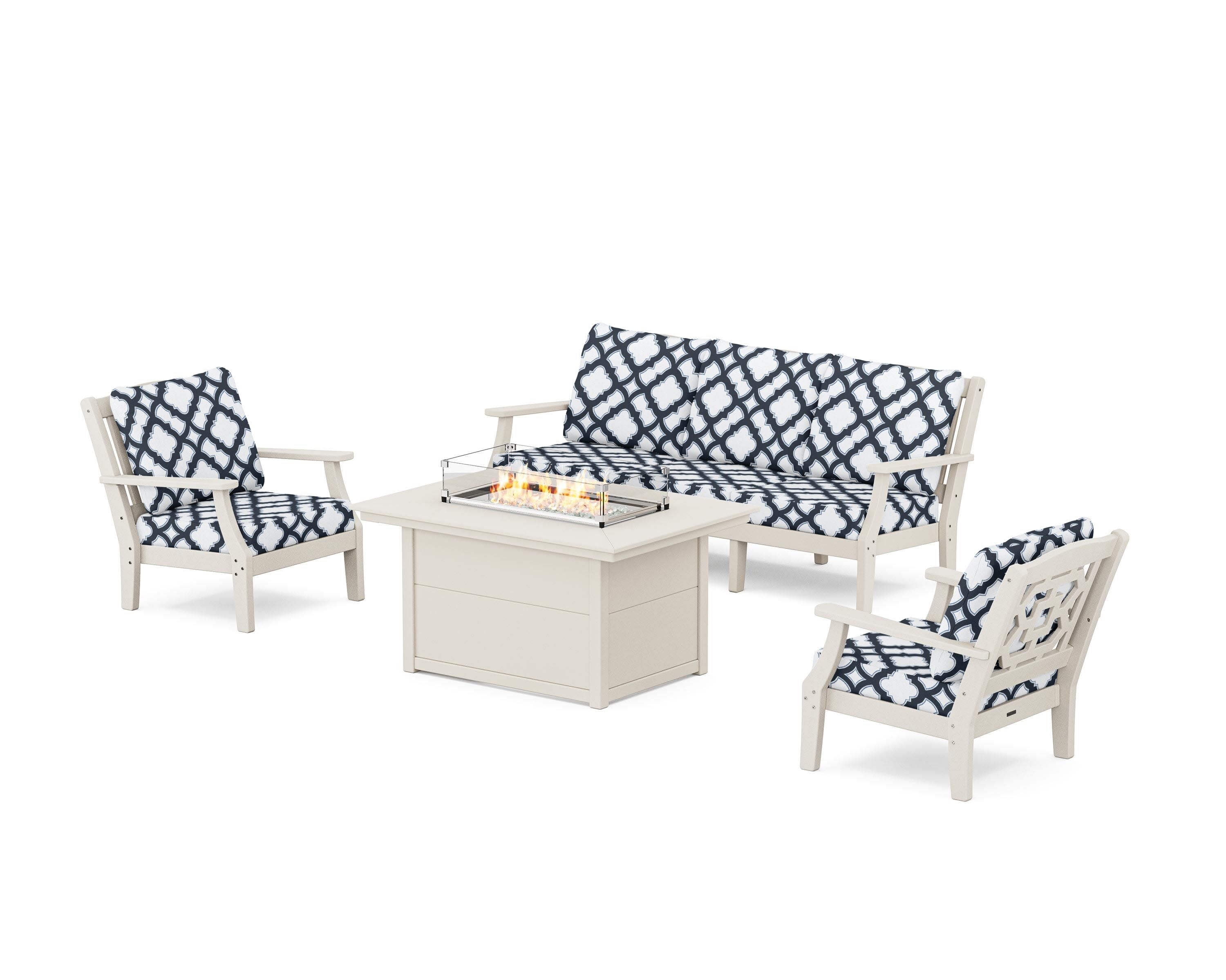 Chinoiserie Deep Seating Fire Pit Table Set in Sand / Trellis Marine Indigo