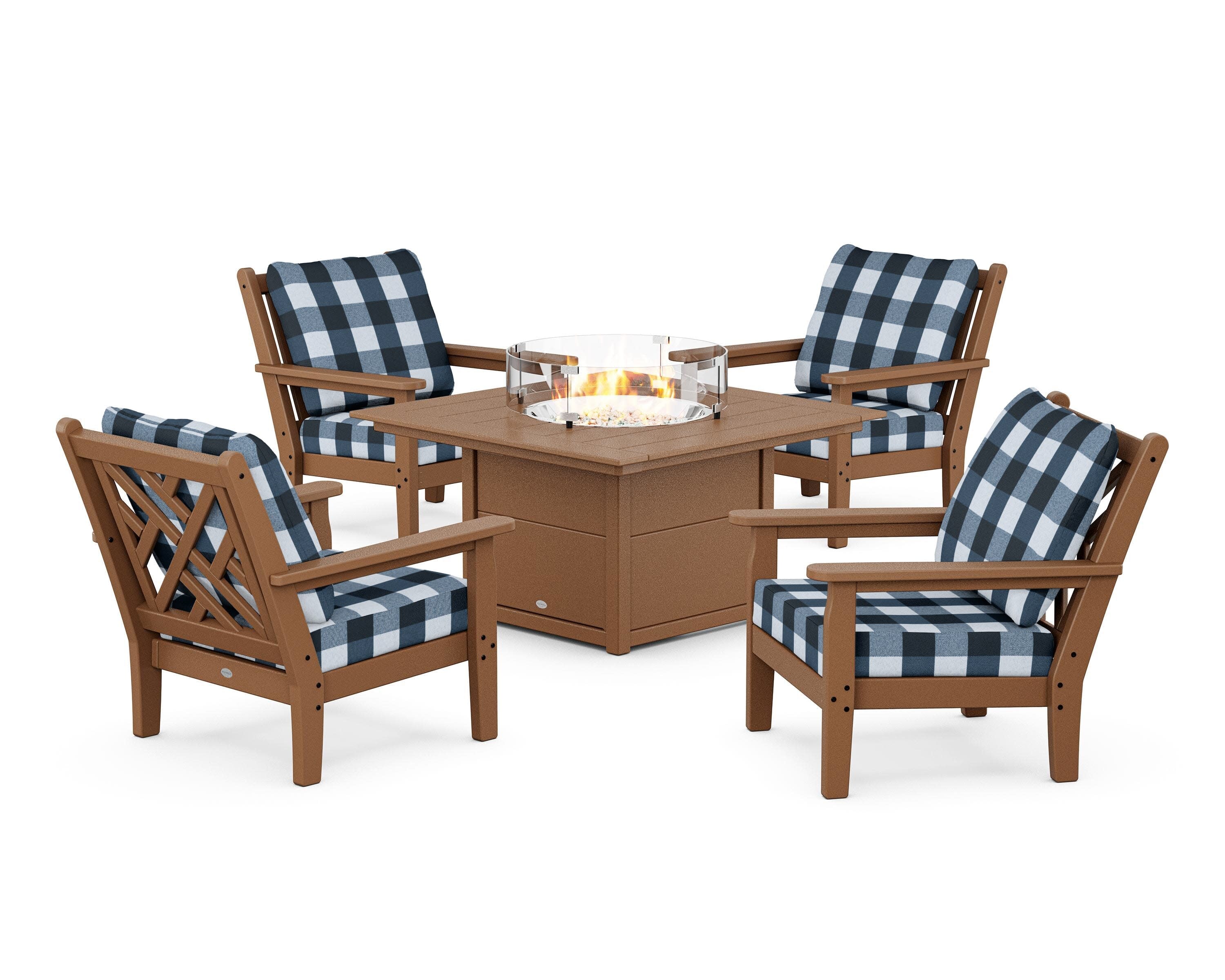 Chippendale 5-Piece Deep Seating Set with Fire Pit Table in Teak / Buffalo Plaid Marine Indigo
