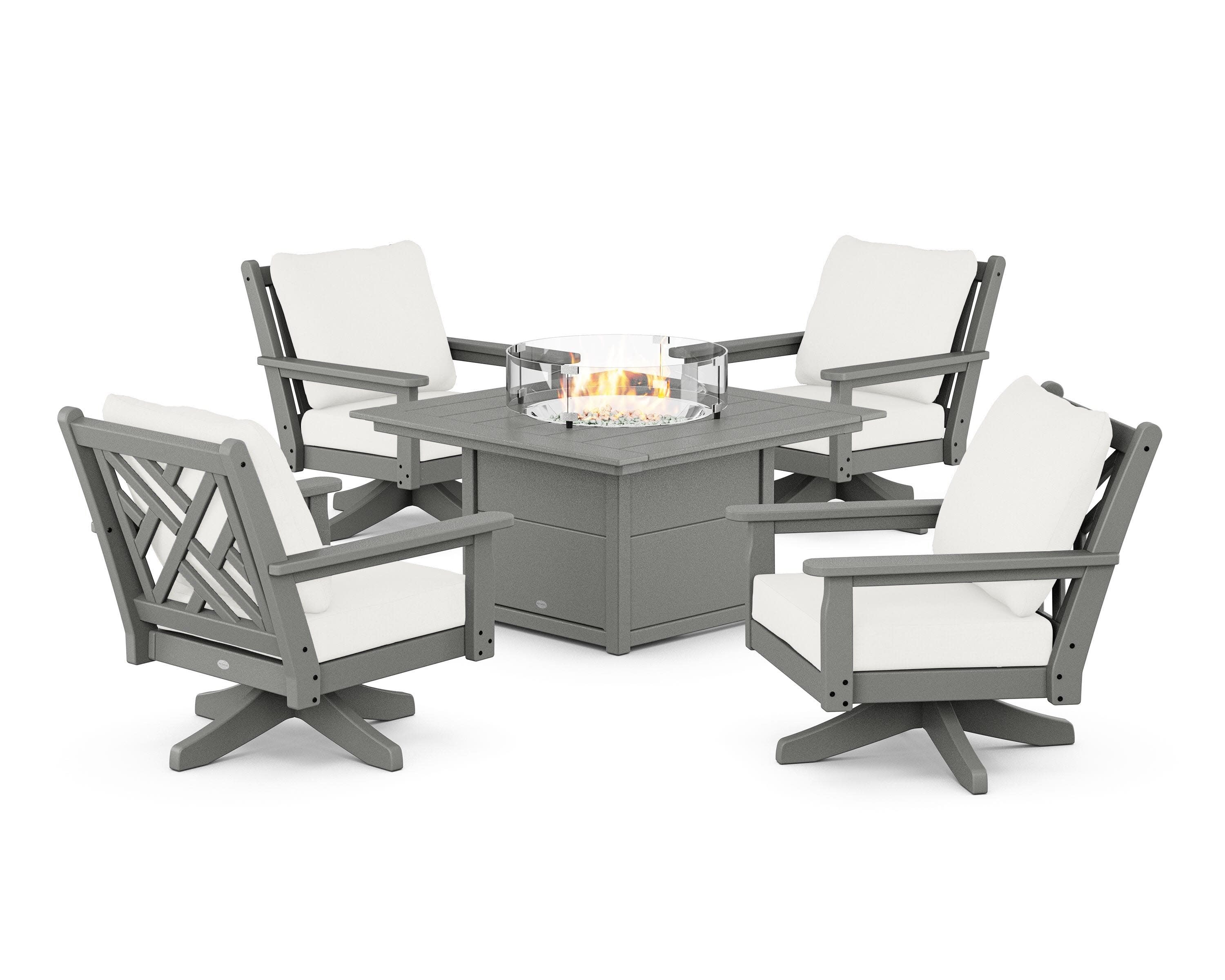 Chippendale 5-Piece Deep Seating Swivel Conversation Set with Fire Pit Table in Slate Grey / Natural Linen