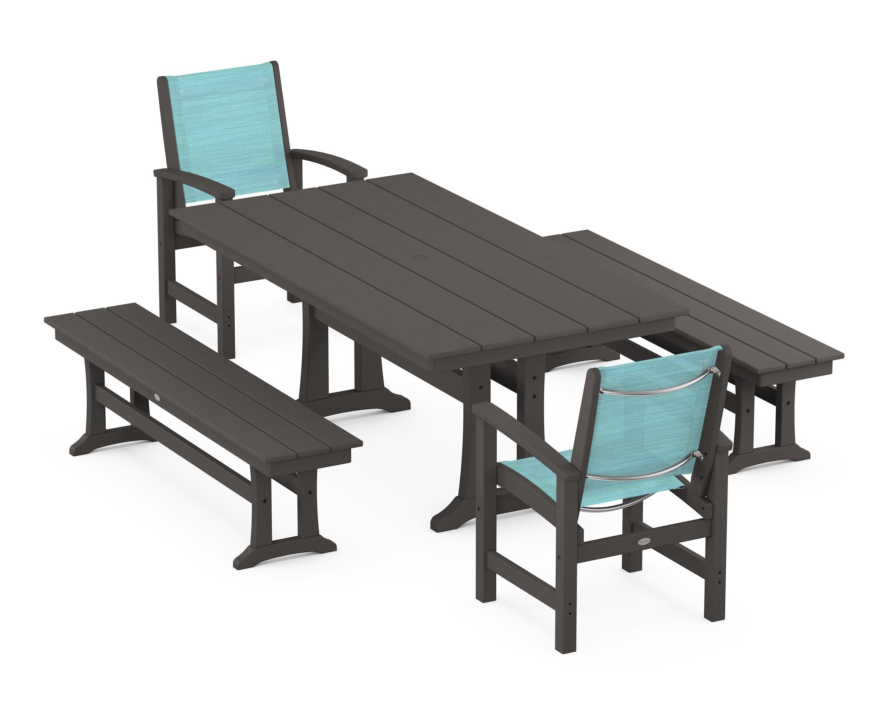 Coastal 5-Piece Farmhouse Dining Set with Trestle Legs and Benches in Vintage Coffee / Dupioni Aquamarine Sling