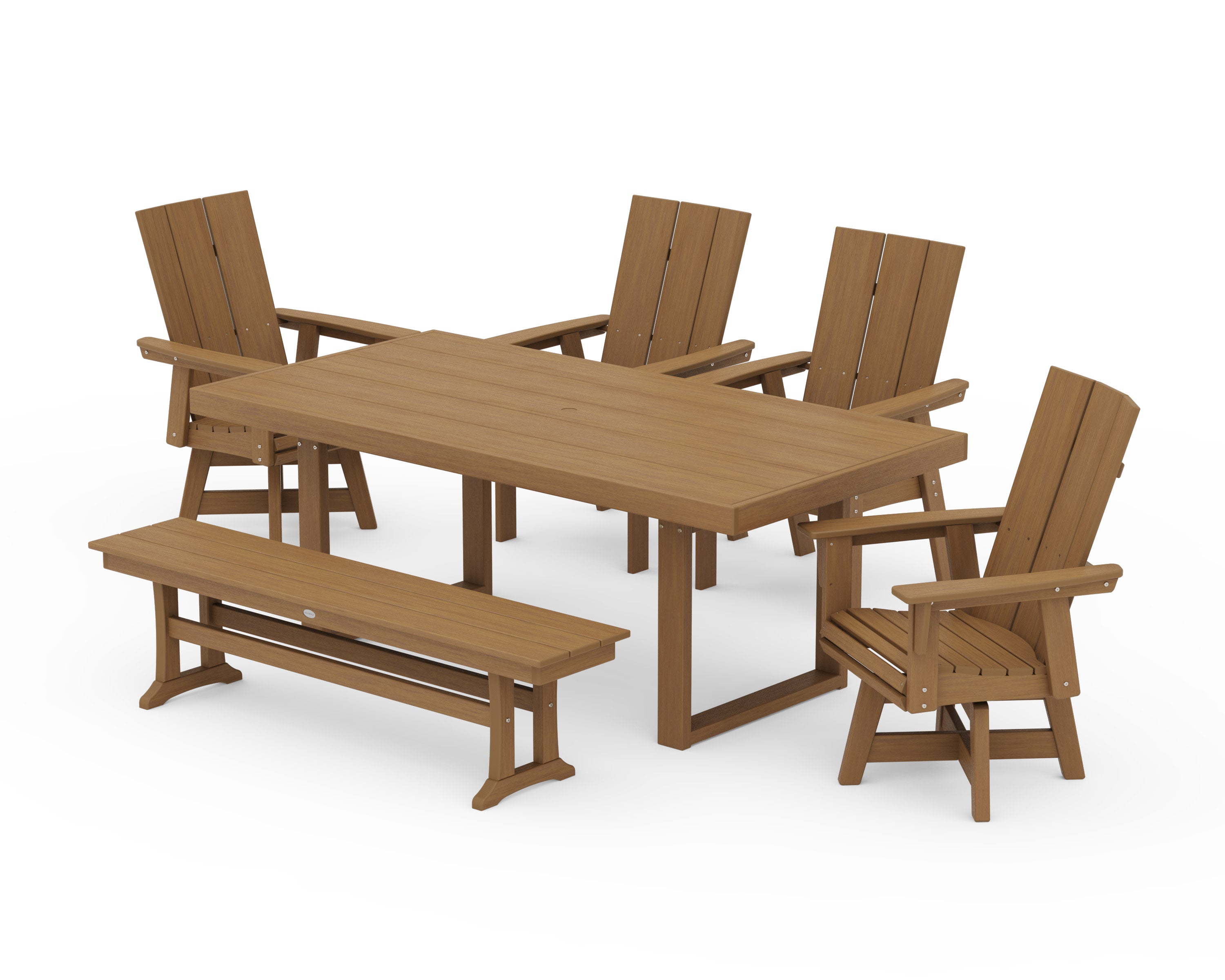 Modern Curveback Adirondack Swivel Chair 6-Piece Dining Set with Bench in Natural