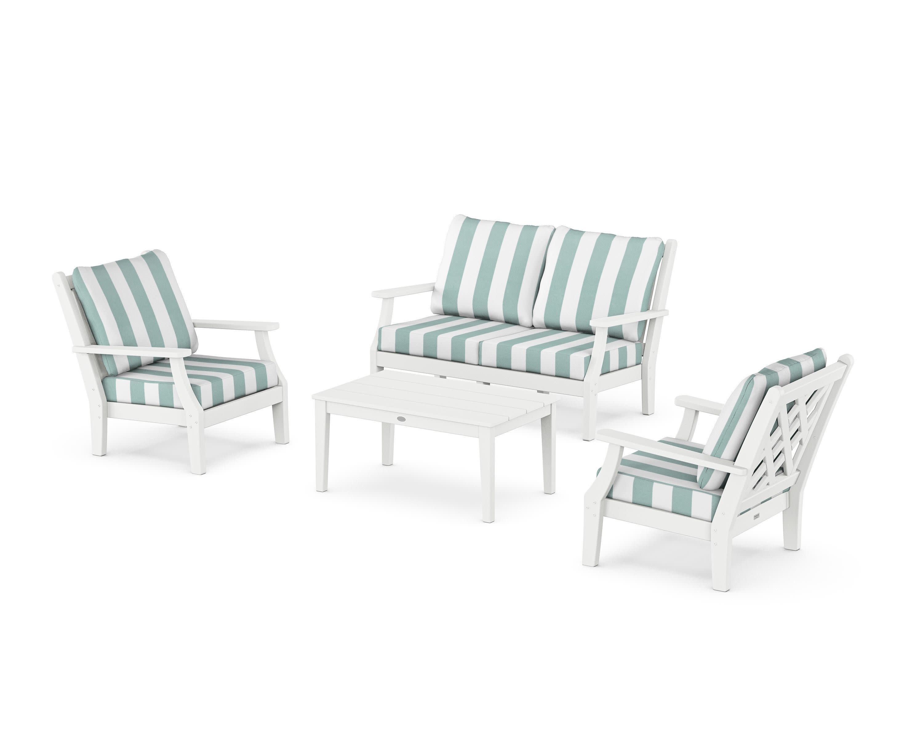 Wovendale 4-Piece Deep Seating Set with Loveseat in White / Cabana Stripe Glacier Spa