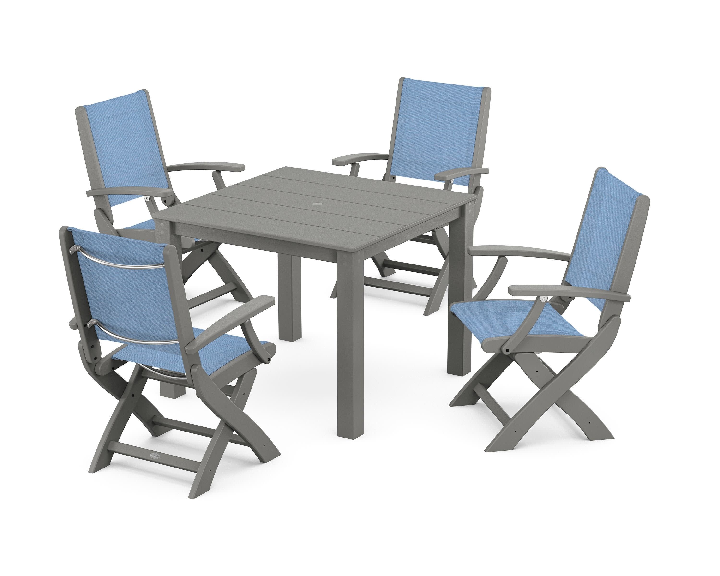 Coastal Folding Chair 5-Piece Parsons Dining Set in Slate Grey / Poolside Sling