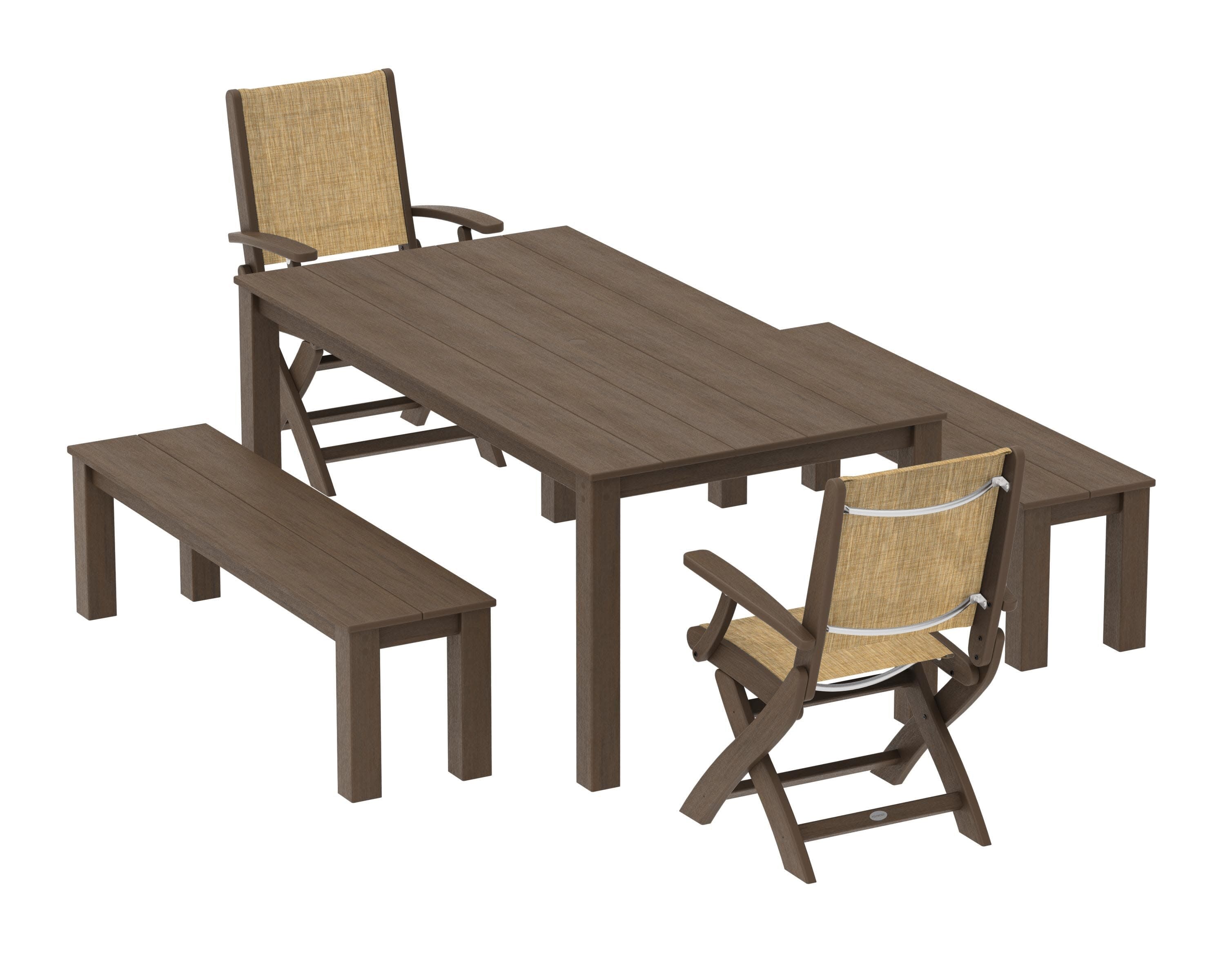 Coastal Folding Chair 5-Piece Parsons Dining Set with Benches in Kona / Burlap Sling