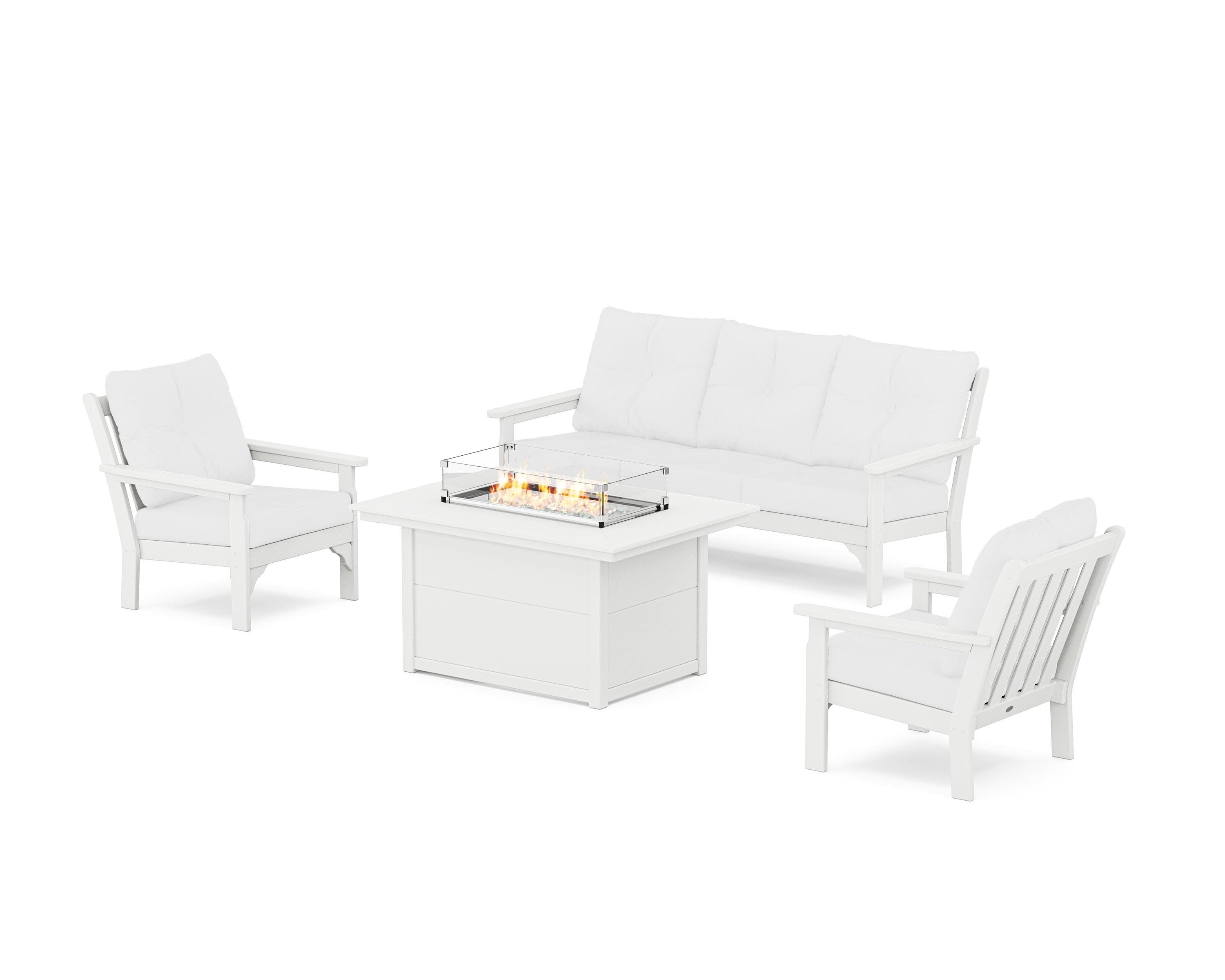 Vineyard Deep Seating Fire Pit Table Set in White / Natural