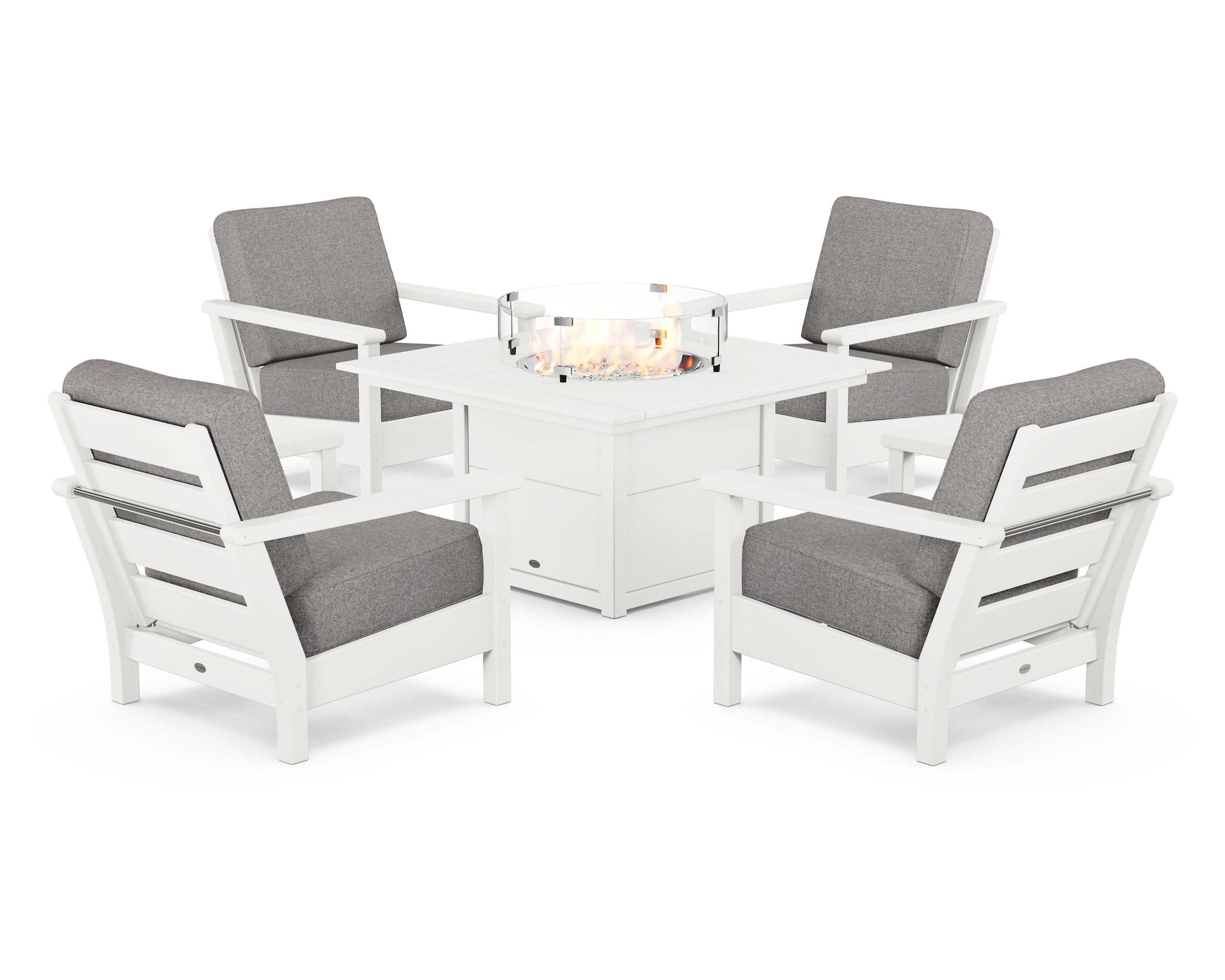 Harbour 5-Piece Conversation Set with Fire Pit Table in White / Grey Mist