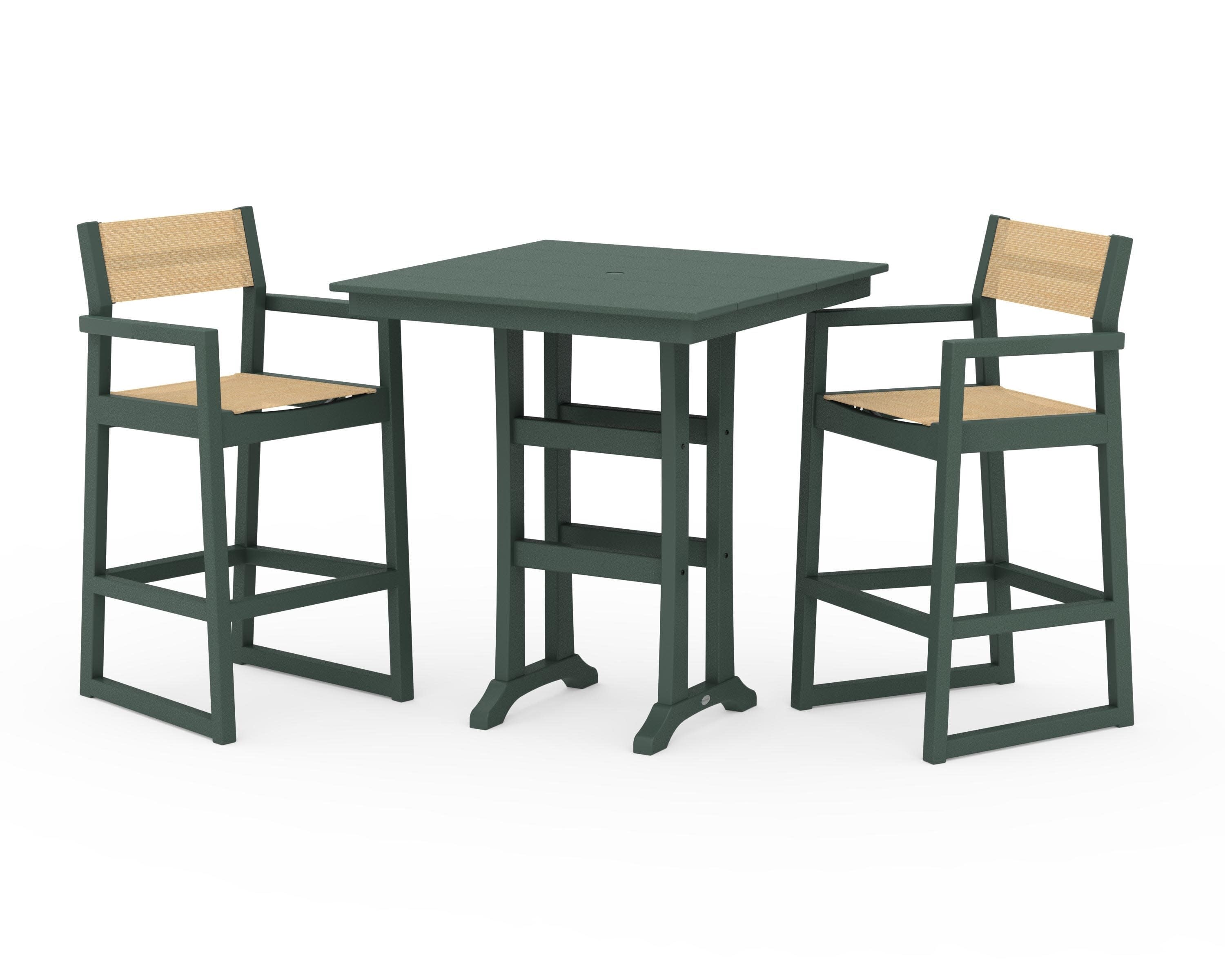 EDGE Sling Arm Chair 3-Piece Farmhouse Bar Set with Trestle Legs in Green / Dupioni Apricot Sling