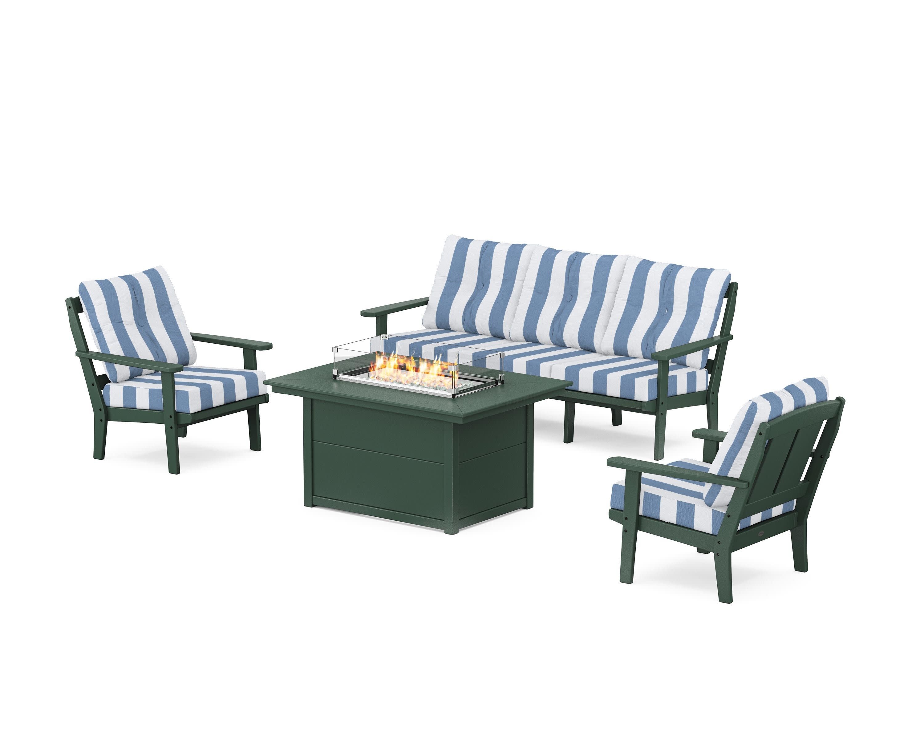 Mission Deep Seating Fire Pit Table Set in Green / Cabana Stripe Sky Blue
