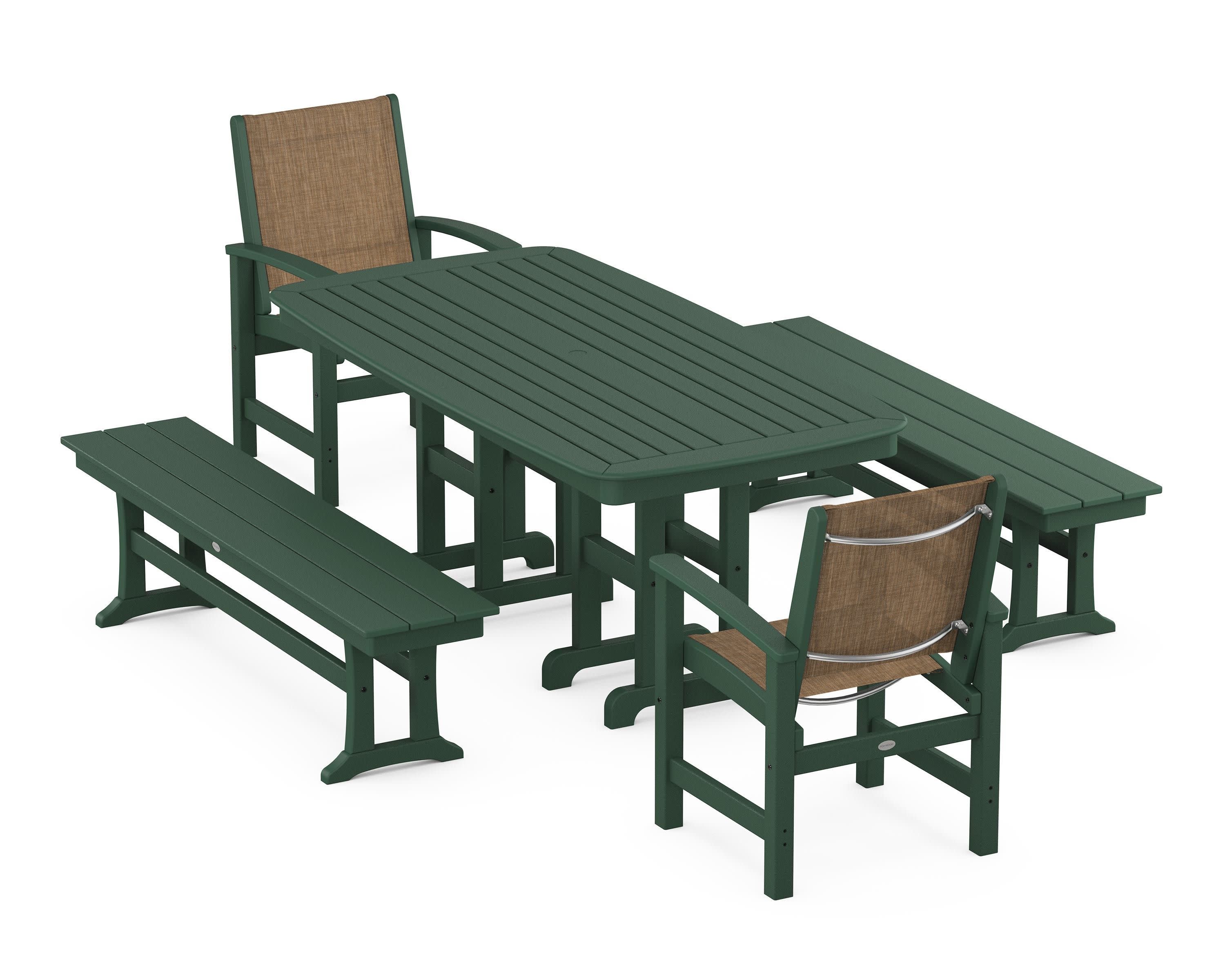 Coastal 5-Piece Dining Set in Green / Burlap Sling