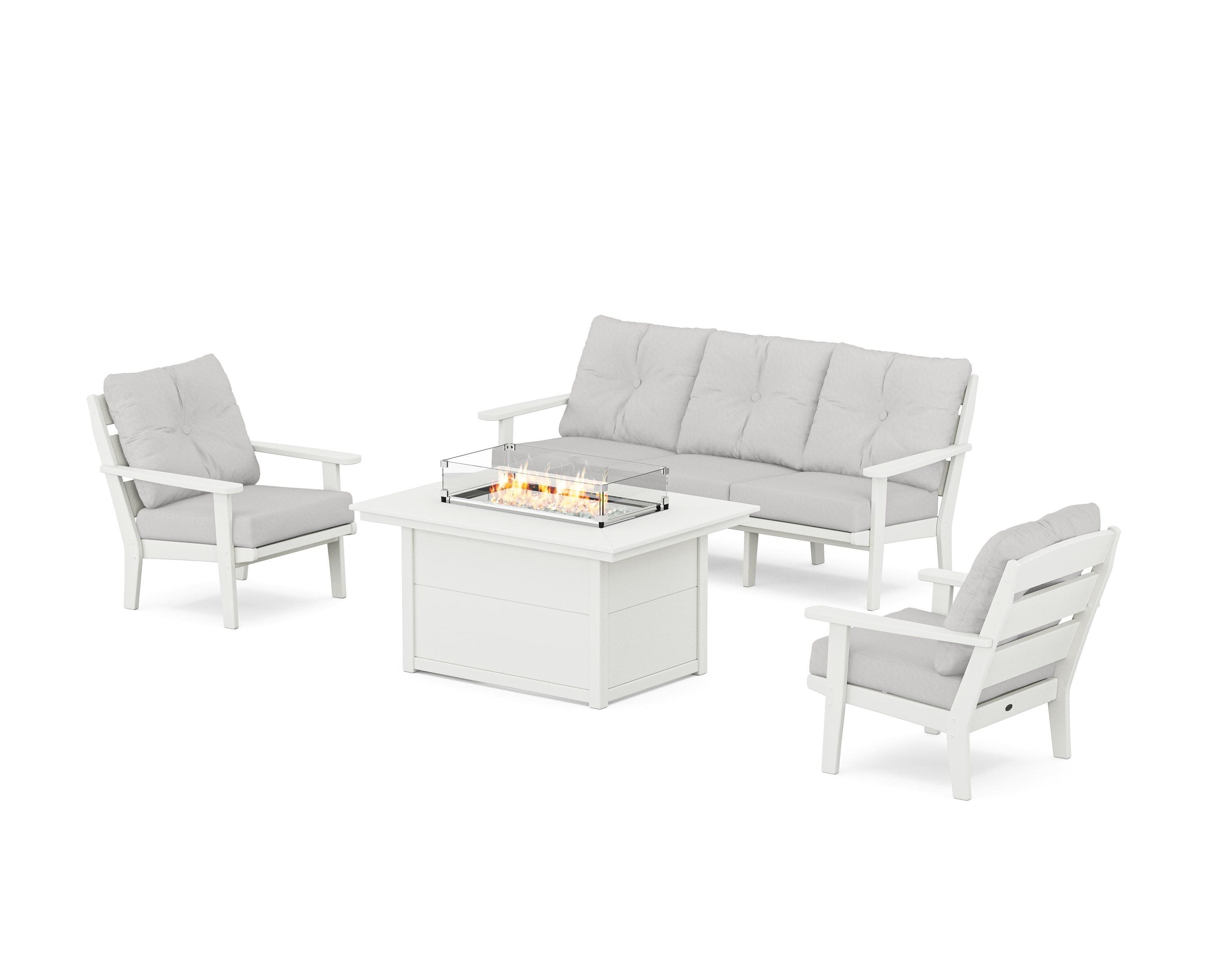 Lakeside Deep Seating Fire Pit Table Set in Vintage White / Diamond in the Rough