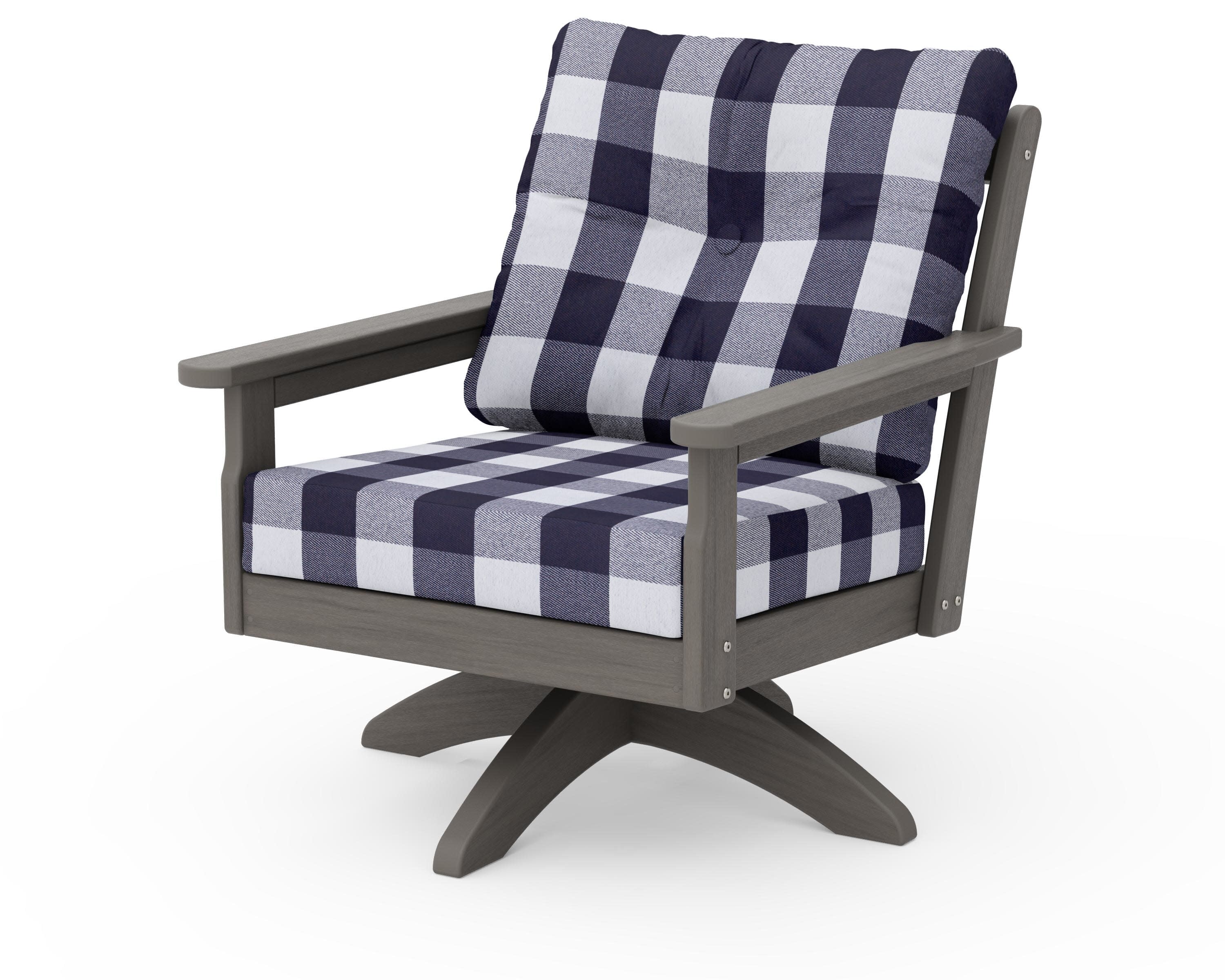 Vineyard Deep Seating Swivel Chair in Driftwood / Buffalo Plaid Navy