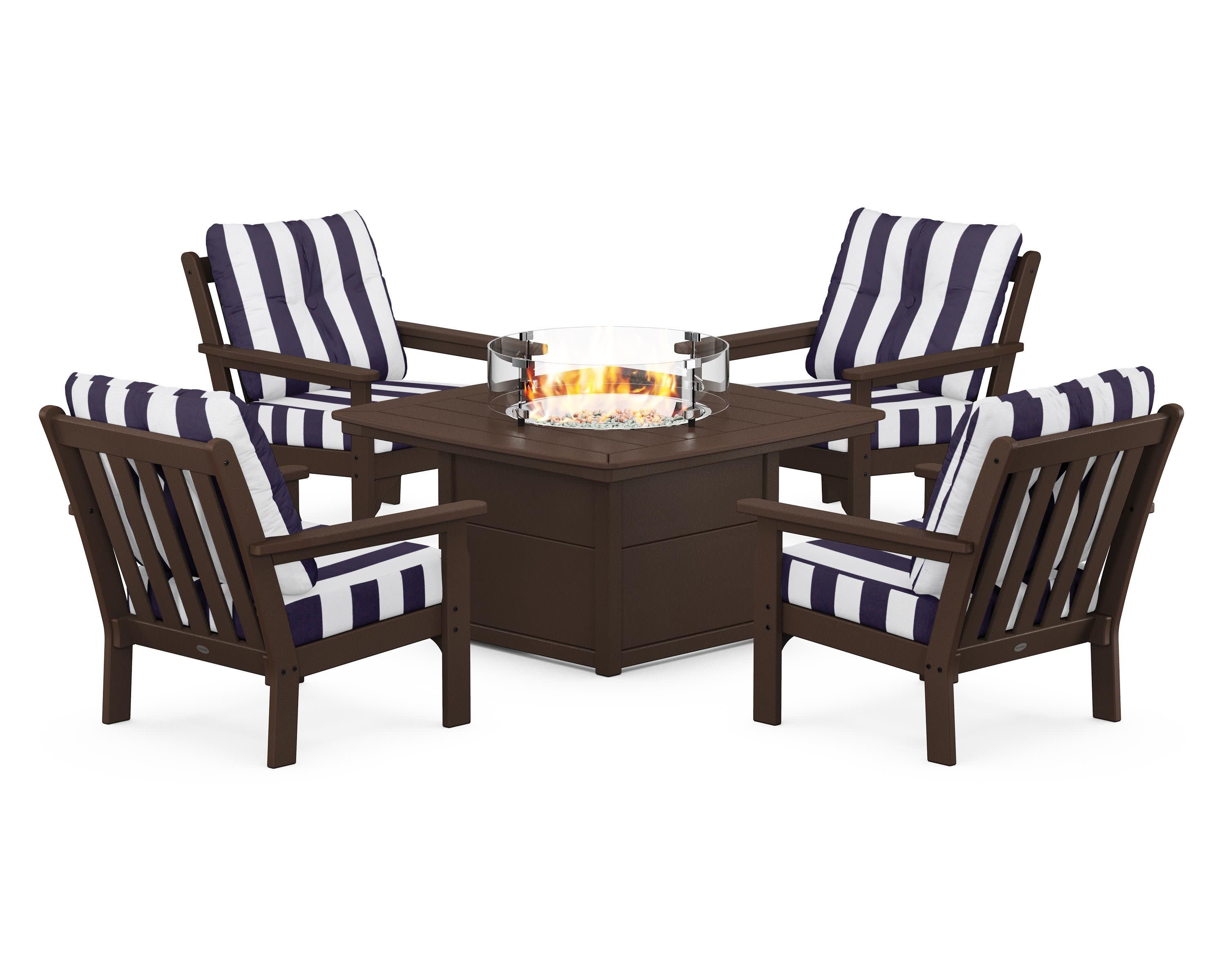 Vineyard 5-Piece Conversation Set with Fire Pit Table in Mahogany / Cabana Stripe Navy