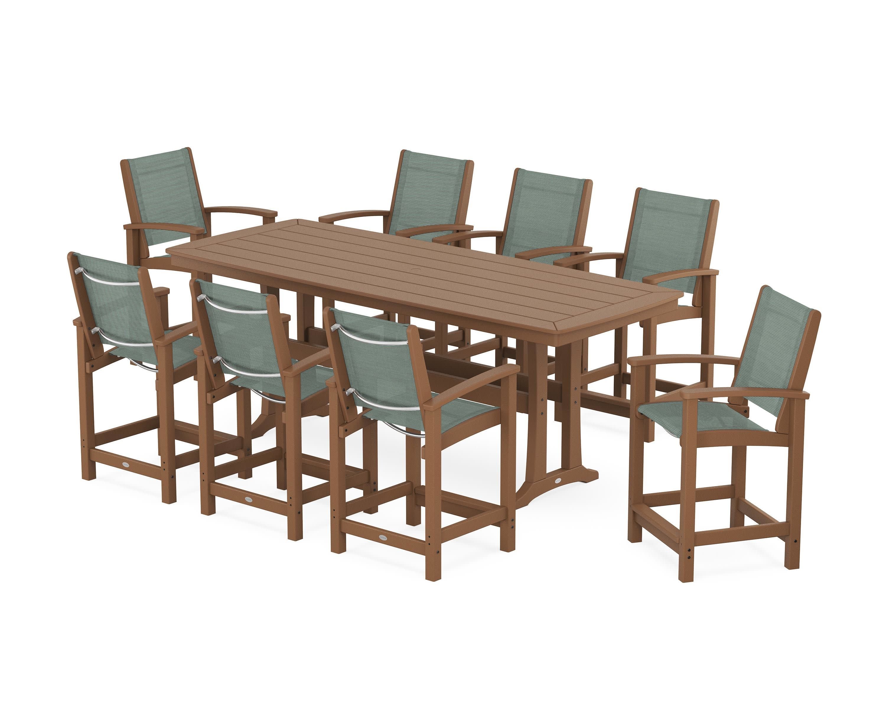 Coastal 9-Piece Counter Set with Trestle Legs in Teak / Dupioni Sea Mist Sling