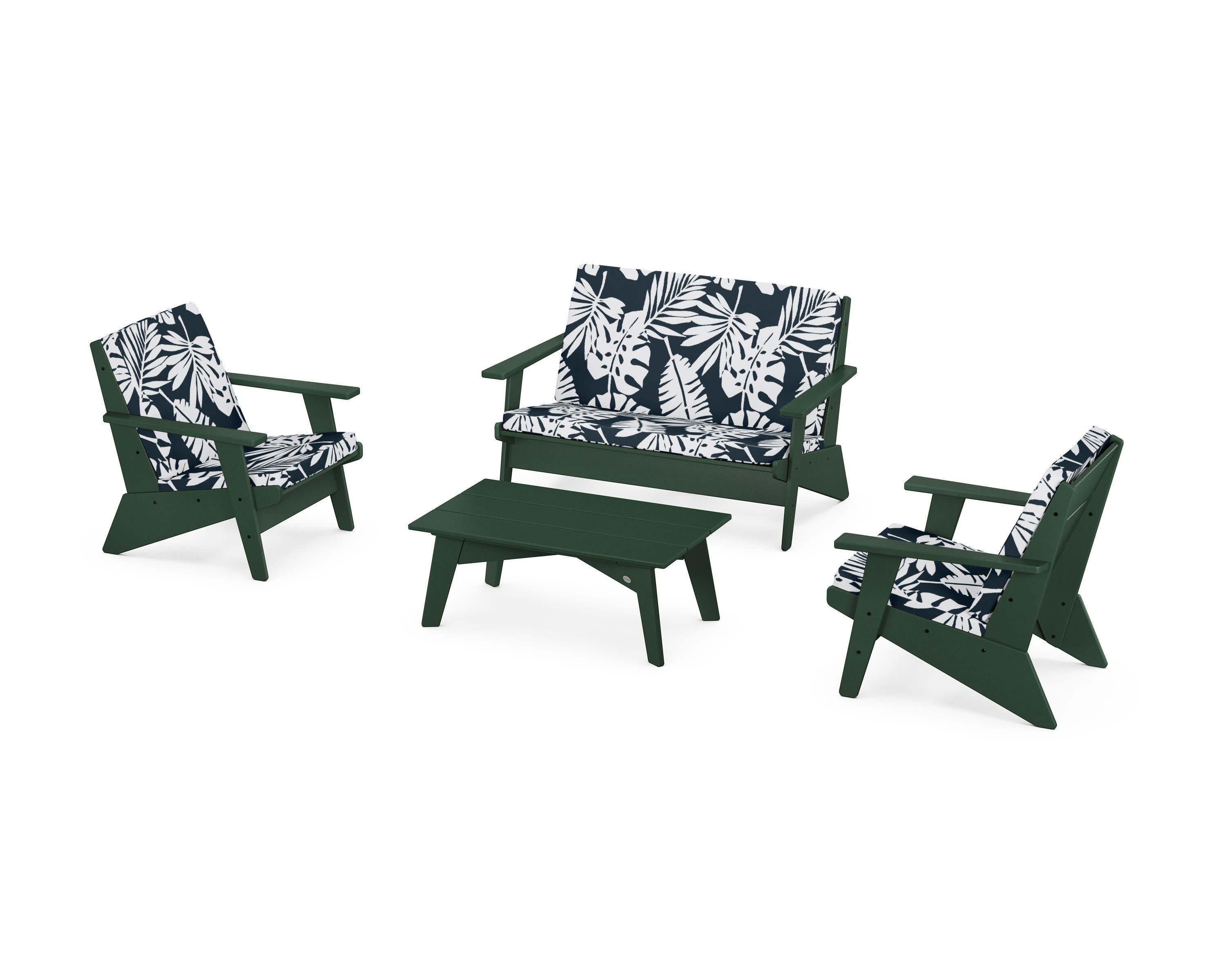 Riviera Modern Lounge 4-Piece Set in Green / Leaf Marine Indigo