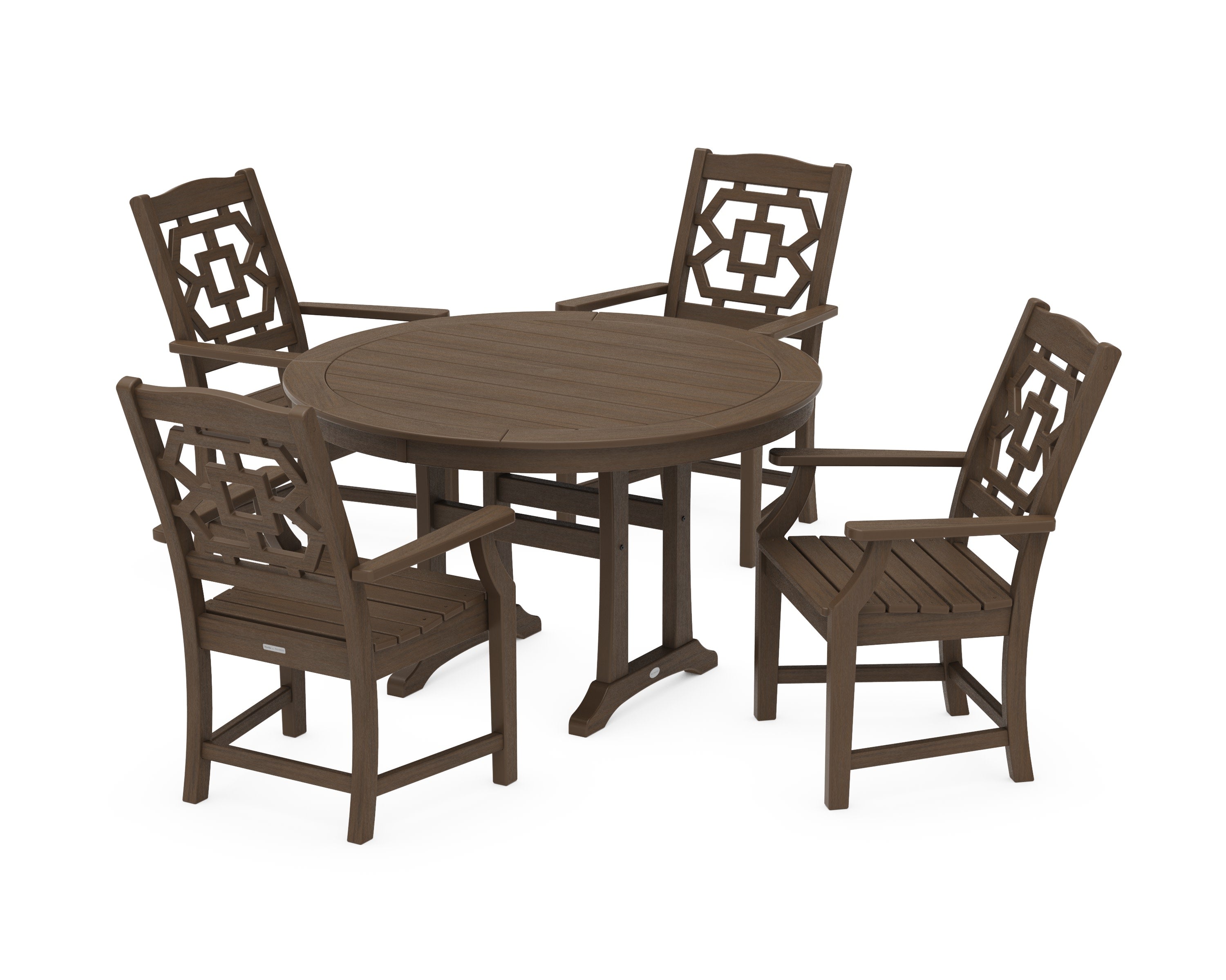 Chinoiserie 5-Piece Round Dining Set with Trestle Legs in Kona