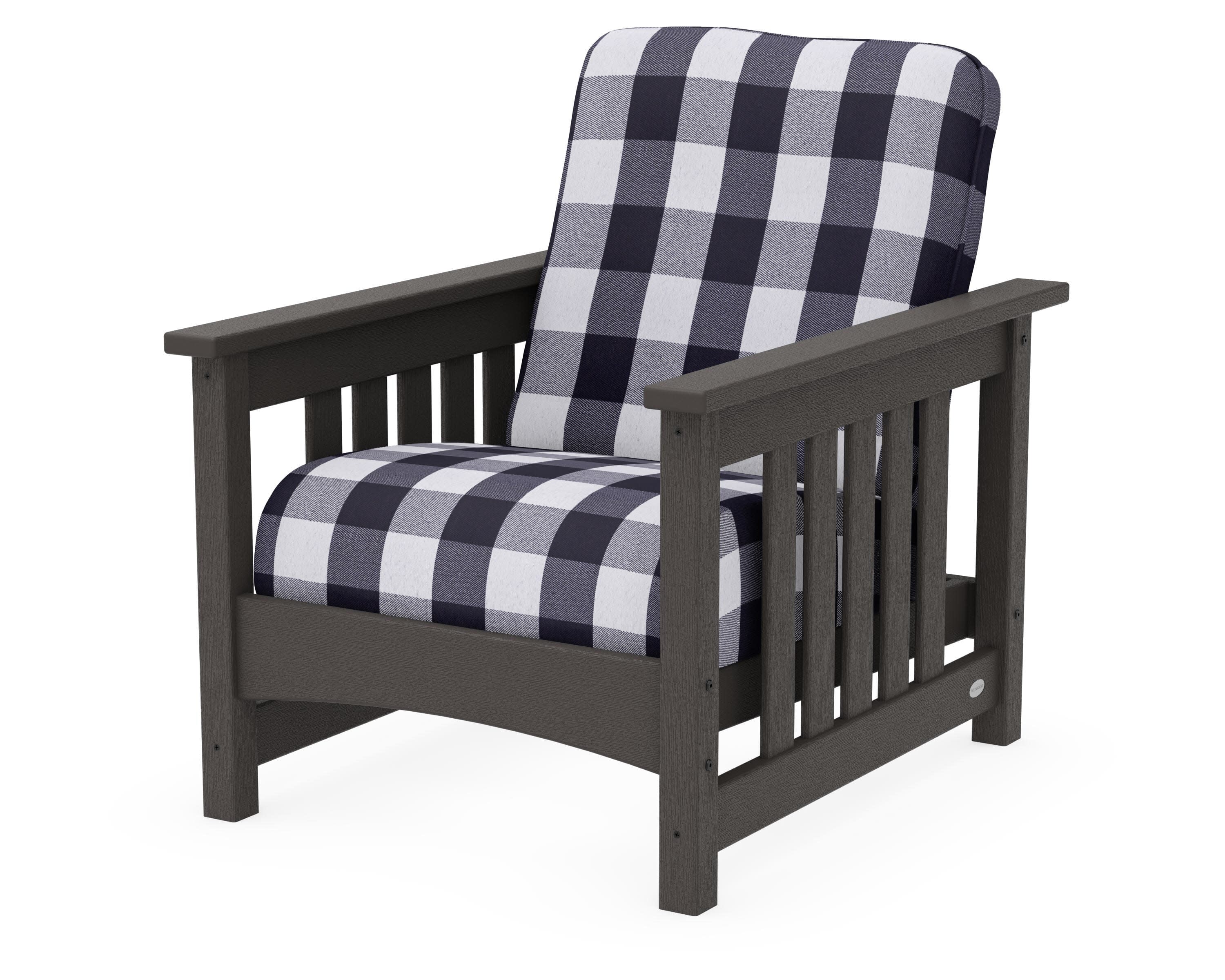Club Mission Chair in Vintage Coffee / Buffalo Plaid Navy