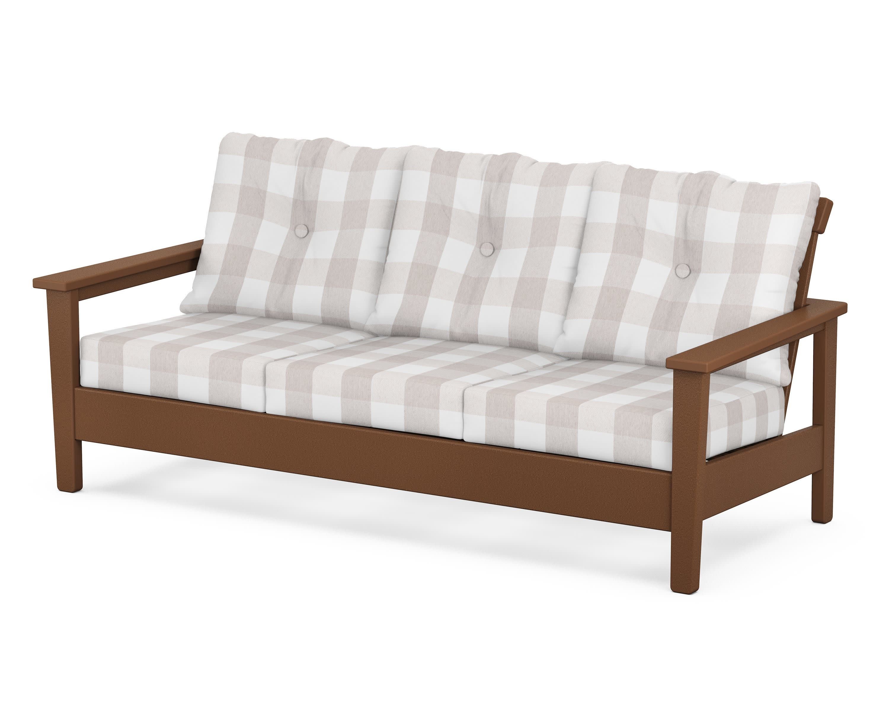 Prescott Deep Seating Sofa in Teak / Buffalo Plaid Dune Burlap
