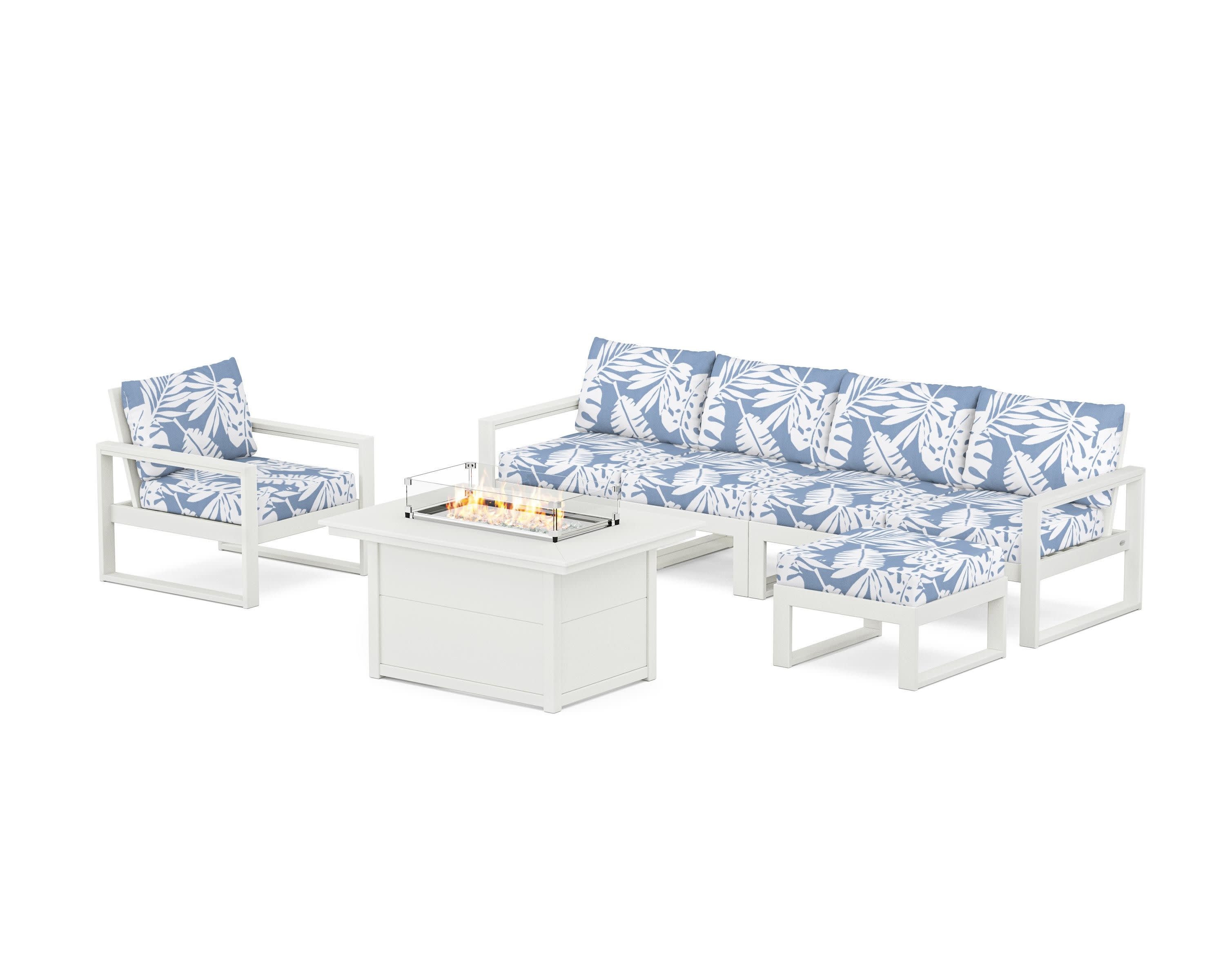 EDGE Sectional Lounge and Fire Pit Set in Vintage White / Leaf Sky Blue