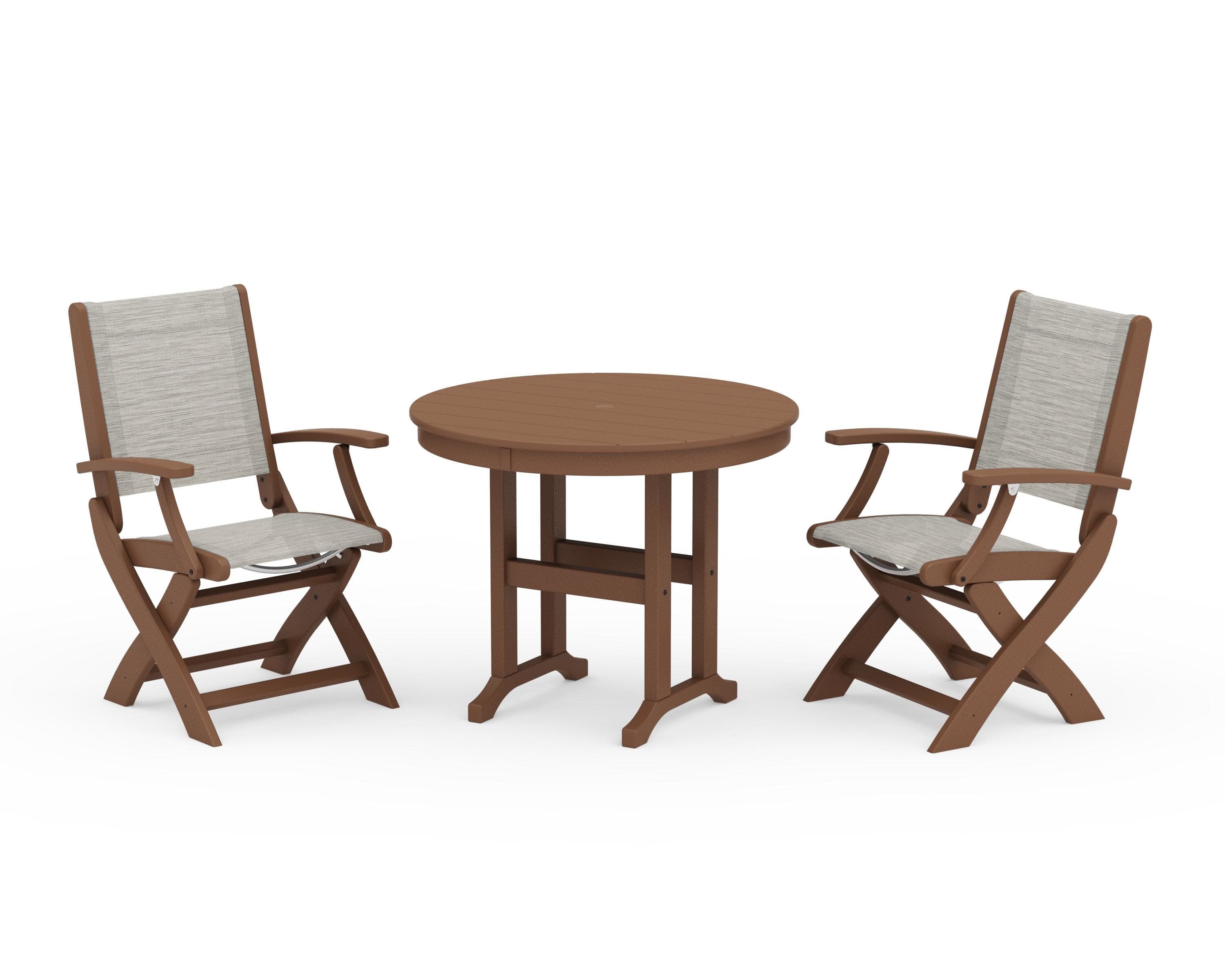 Coastal Folding Chair 3-Piece Round Dining Set in Teak / Birch Sling