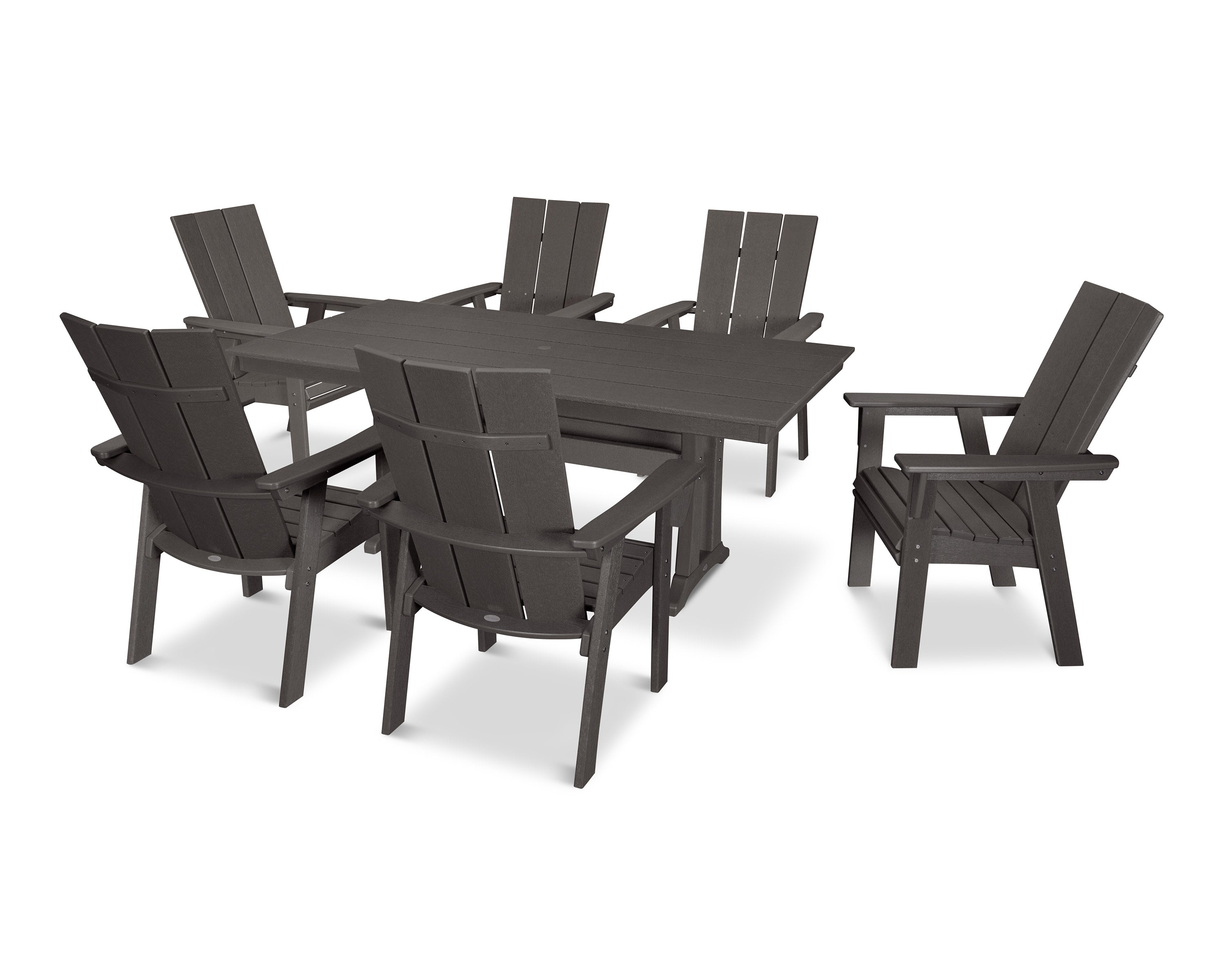 Modern Curveback Adirondack 7-Piece Farmhouse Dining Set with Trestle Legs in Vintage Coffee