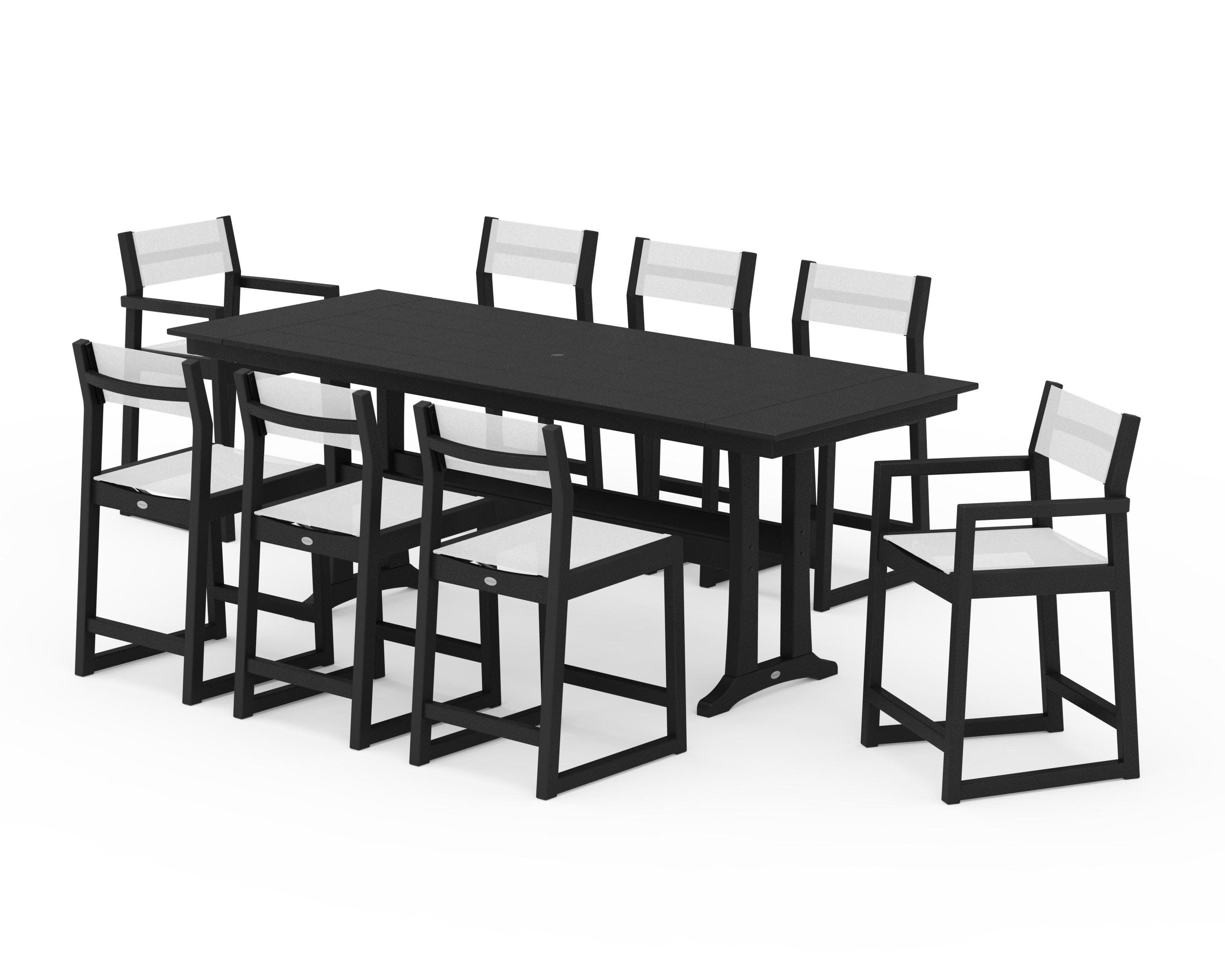 EDGE Sling 9-Piece Farmhouse Counter Set with Trestle Legs in Black / White Sling