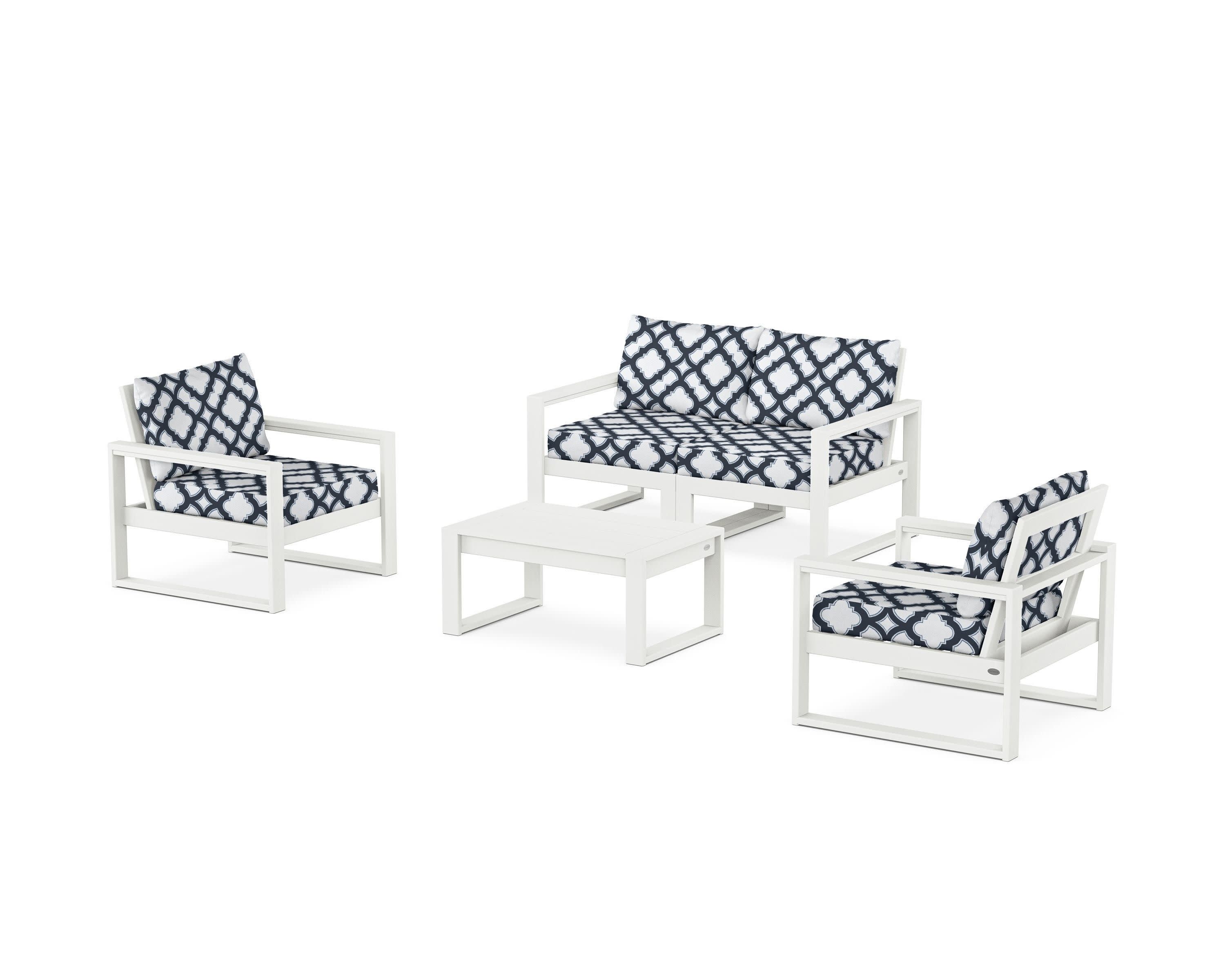 EDGE Sectional 4-Piece Deep Seating Set with Loveseat in Vintage White / Trellis Marine Indigo