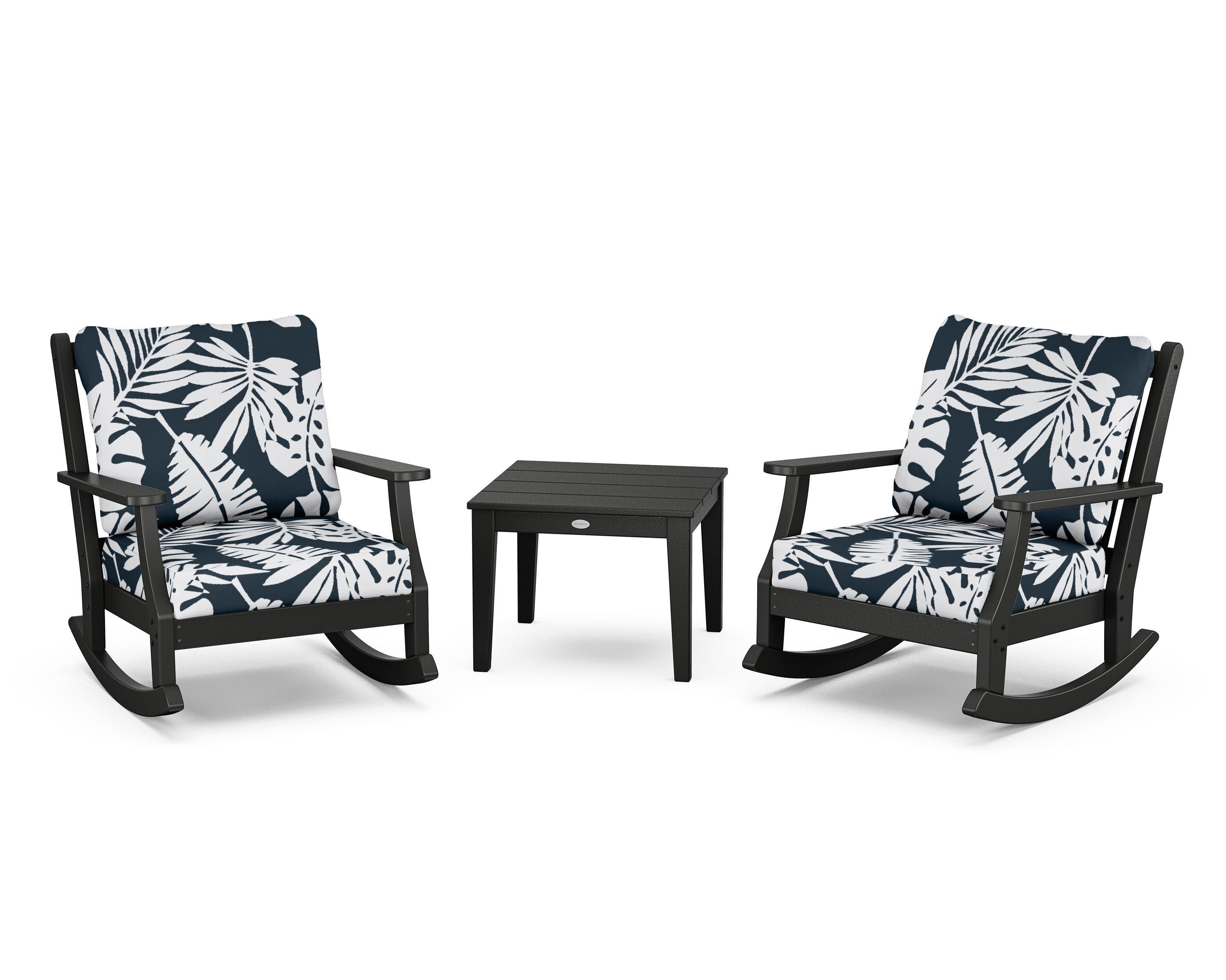 Wovendale 3-Piece Deep Seating Rocker Set in Black / Leaf Marine Indigo