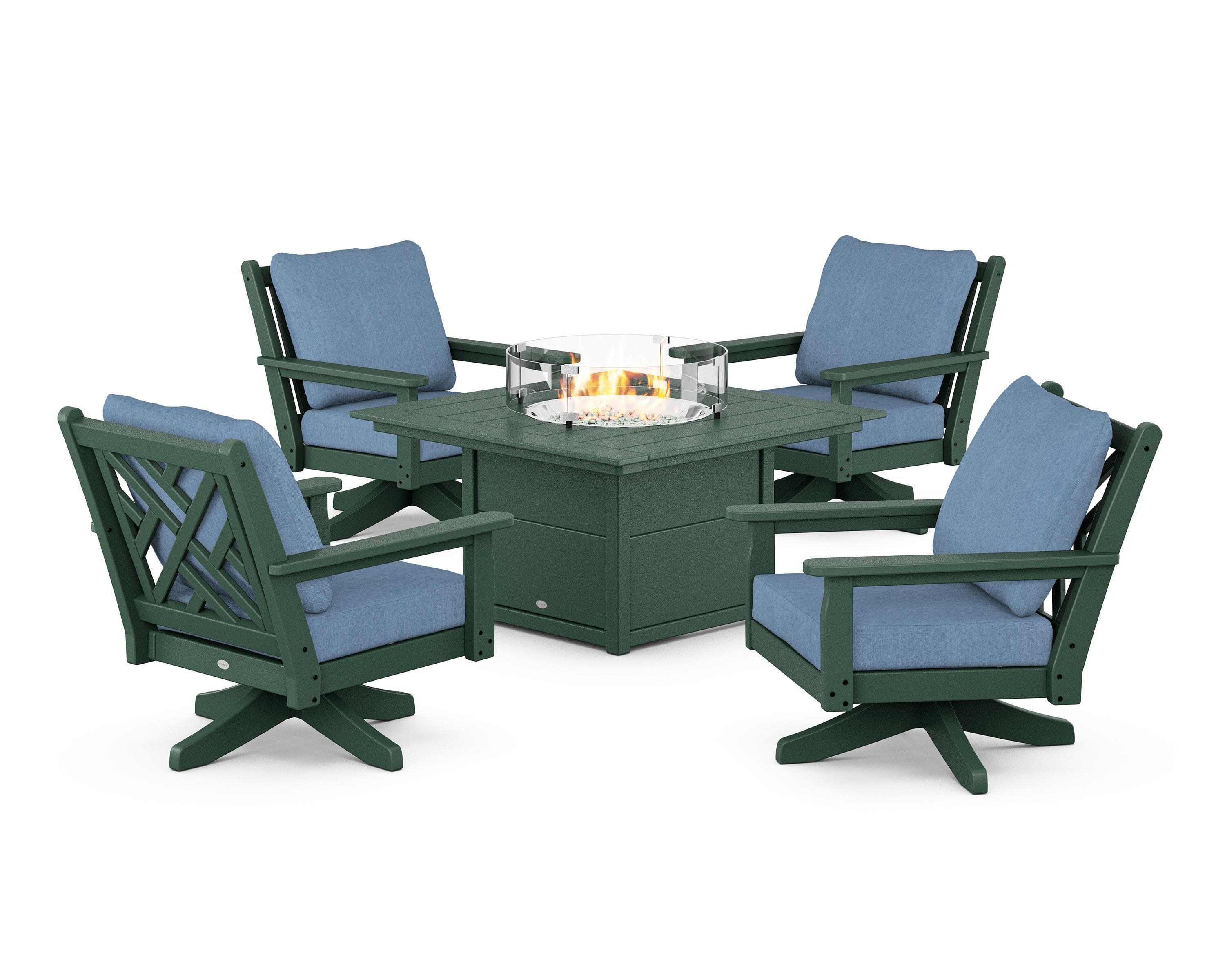 Chippendale 5-Piece Deep Seating Swivel Conversation Set with Fire Pit Table in Green / Sky Blue