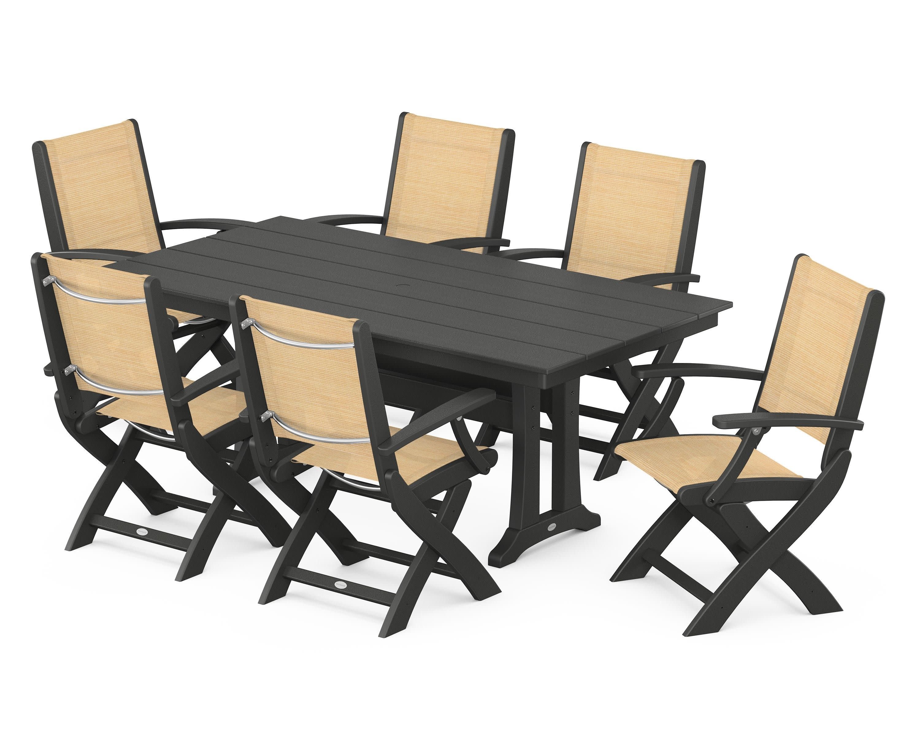Coastal Folding Arm Chair 7-Piece Farmhouse Dining Set with Trestle Legs in Black / Dupioni Apricot Sling