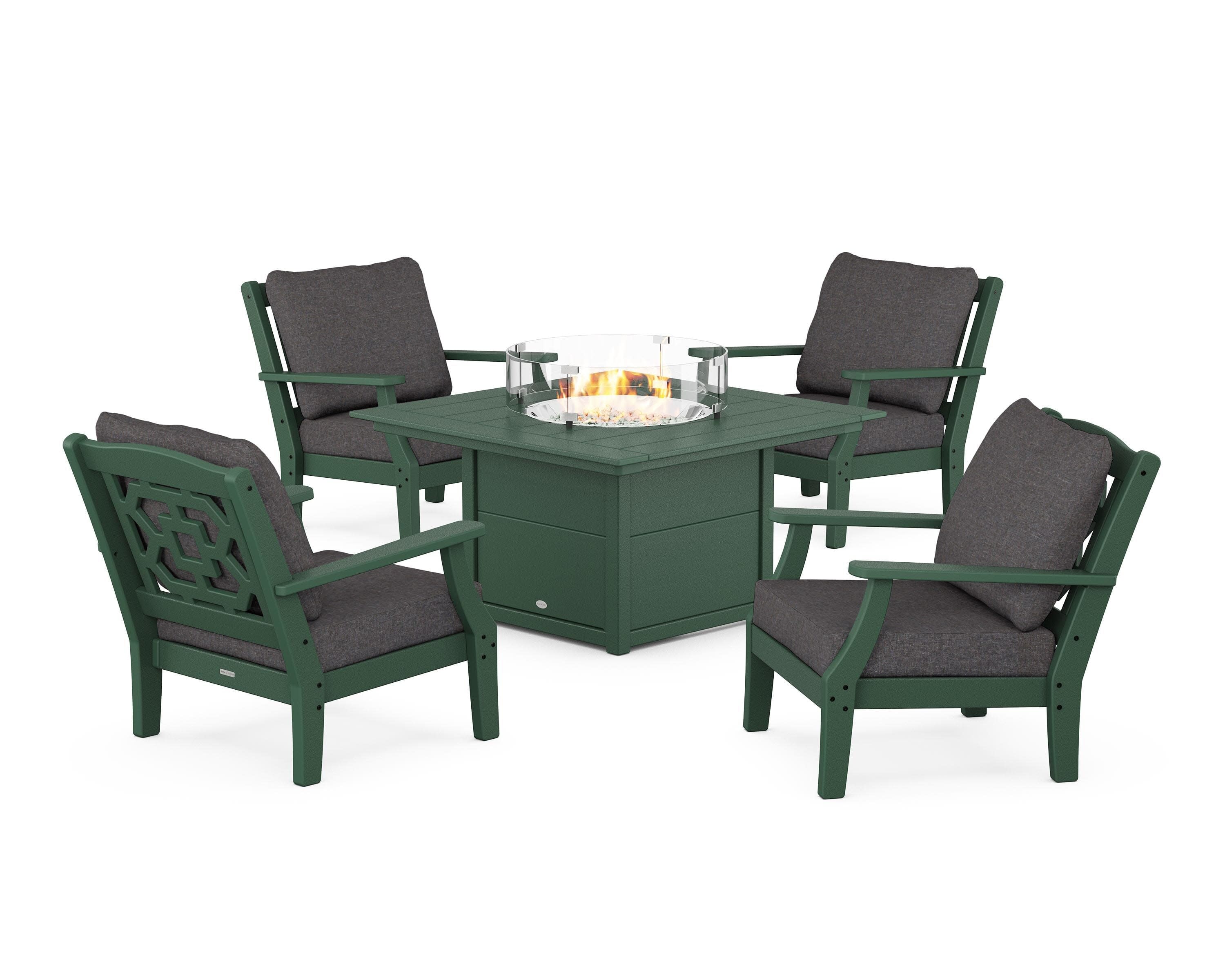Chinoiserie 5-Piece Deep Seating Set with Fire Pit Table in Green / Ash Charcoal