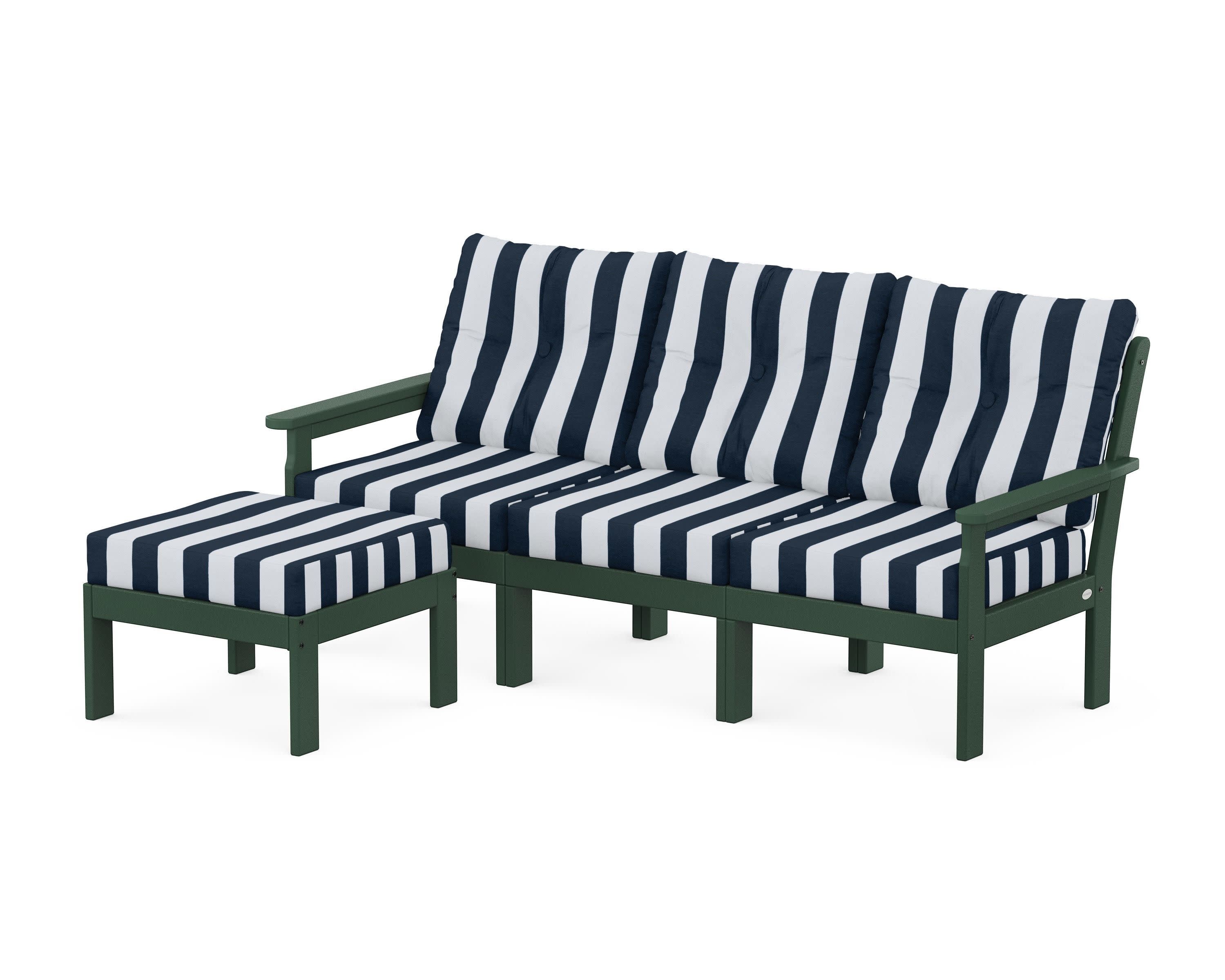Vineyard 4-Piece Sectional with Ottoman in Green / Cabana Stripe Marine Indigo