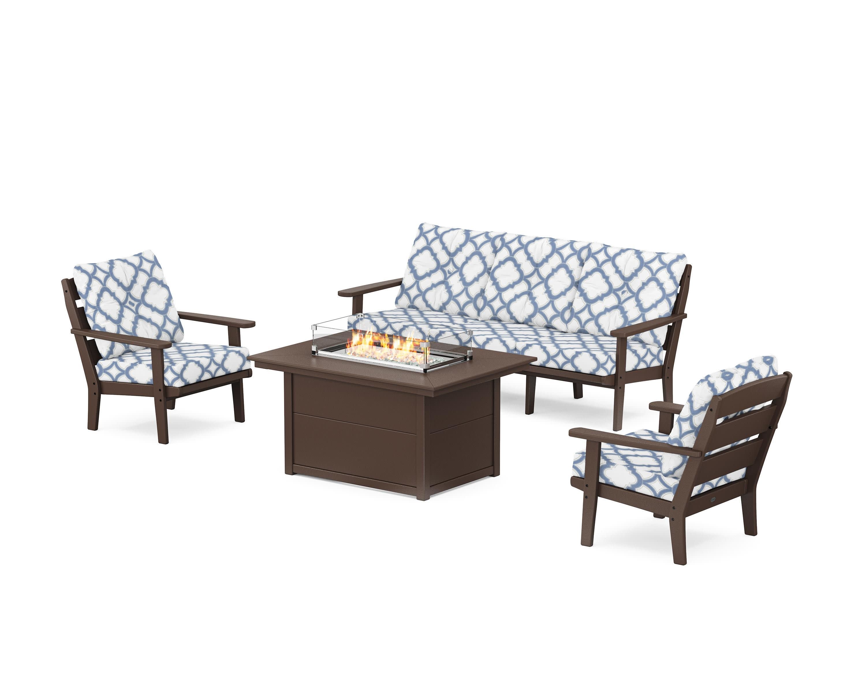 Lakeside Deep Seating Fire Pit Table Set in Mahogany / Trellis Sky Blue