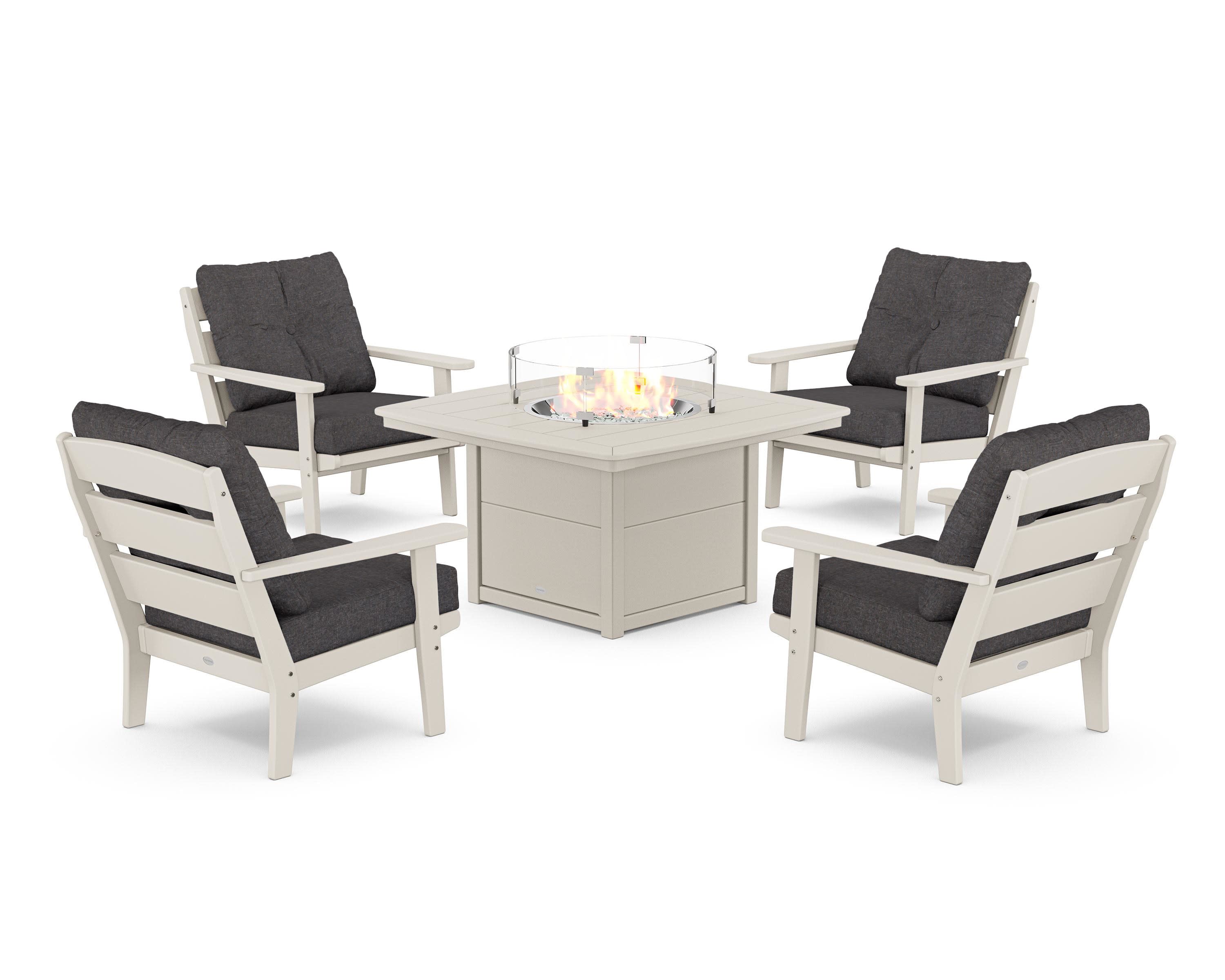 Lakeside 5-Piece Deep Seating Set with Nautical Fire Pit Table in Sand / Ash Charcoal