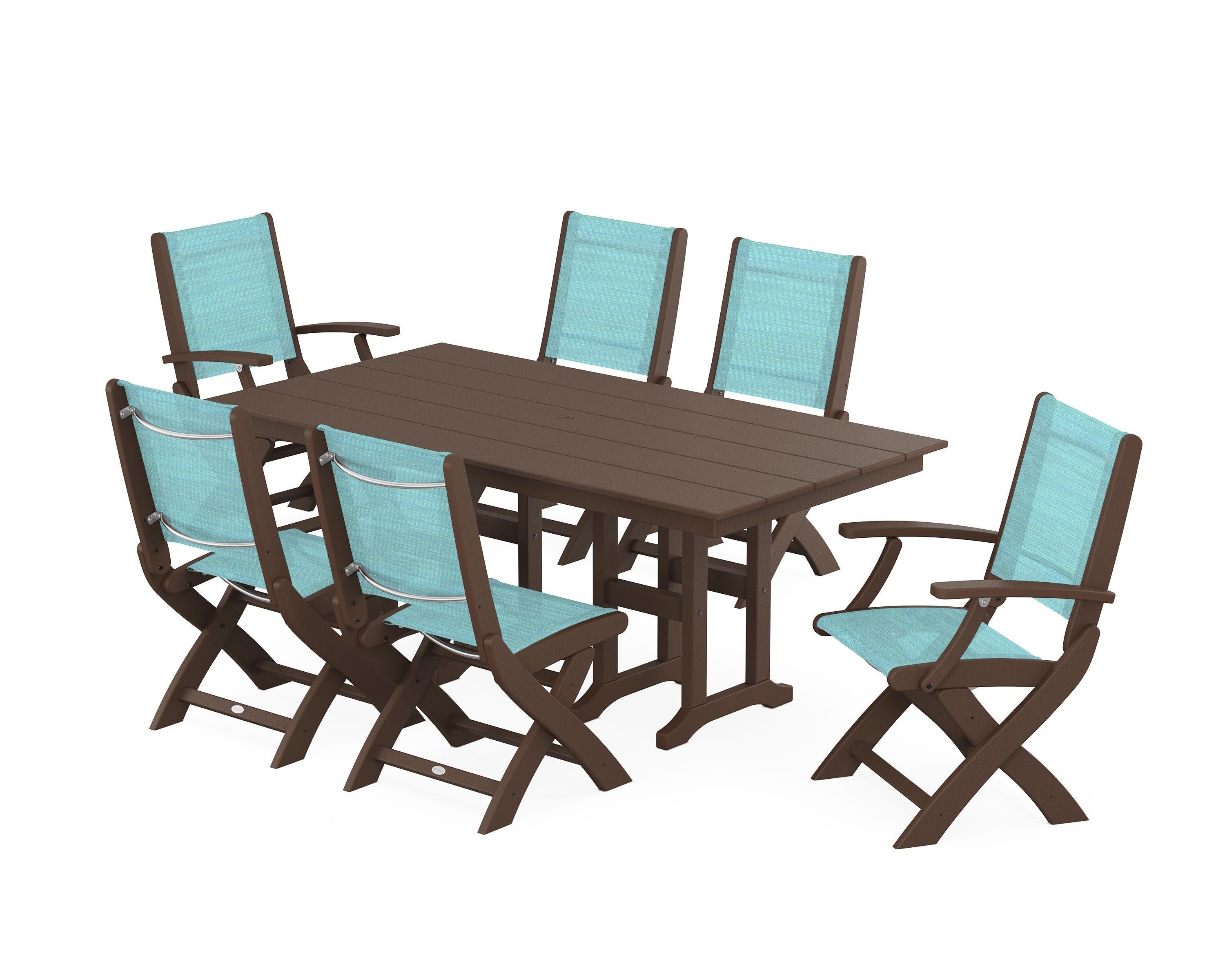 Coastal Folding Chair 7-Piece Farmhouse Dining Set in Mahogany / Dupioni Aquamarine Sling