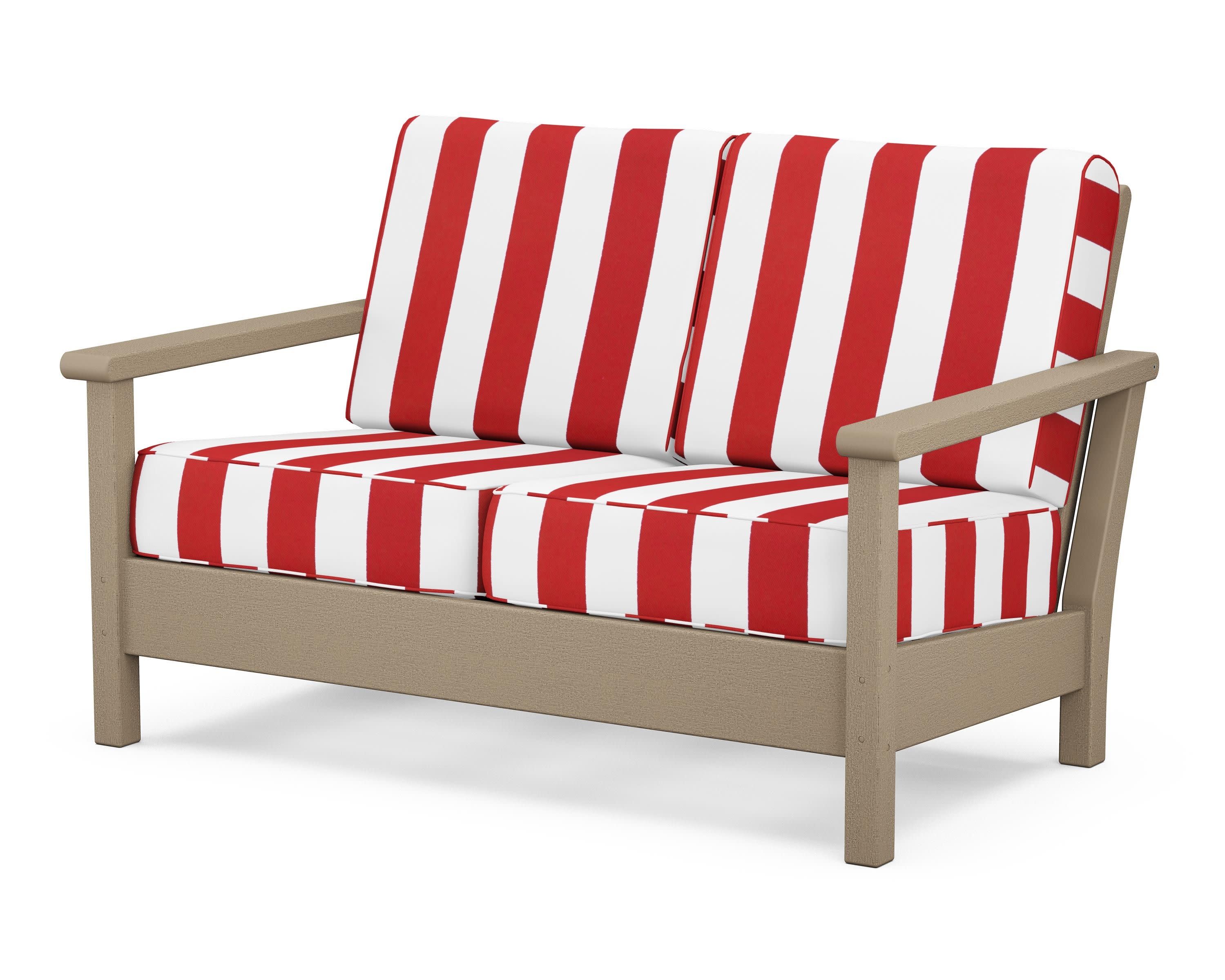Harbour Deep Seating Loveseat in Vintage Sahara / Cabana Stripe Crimson