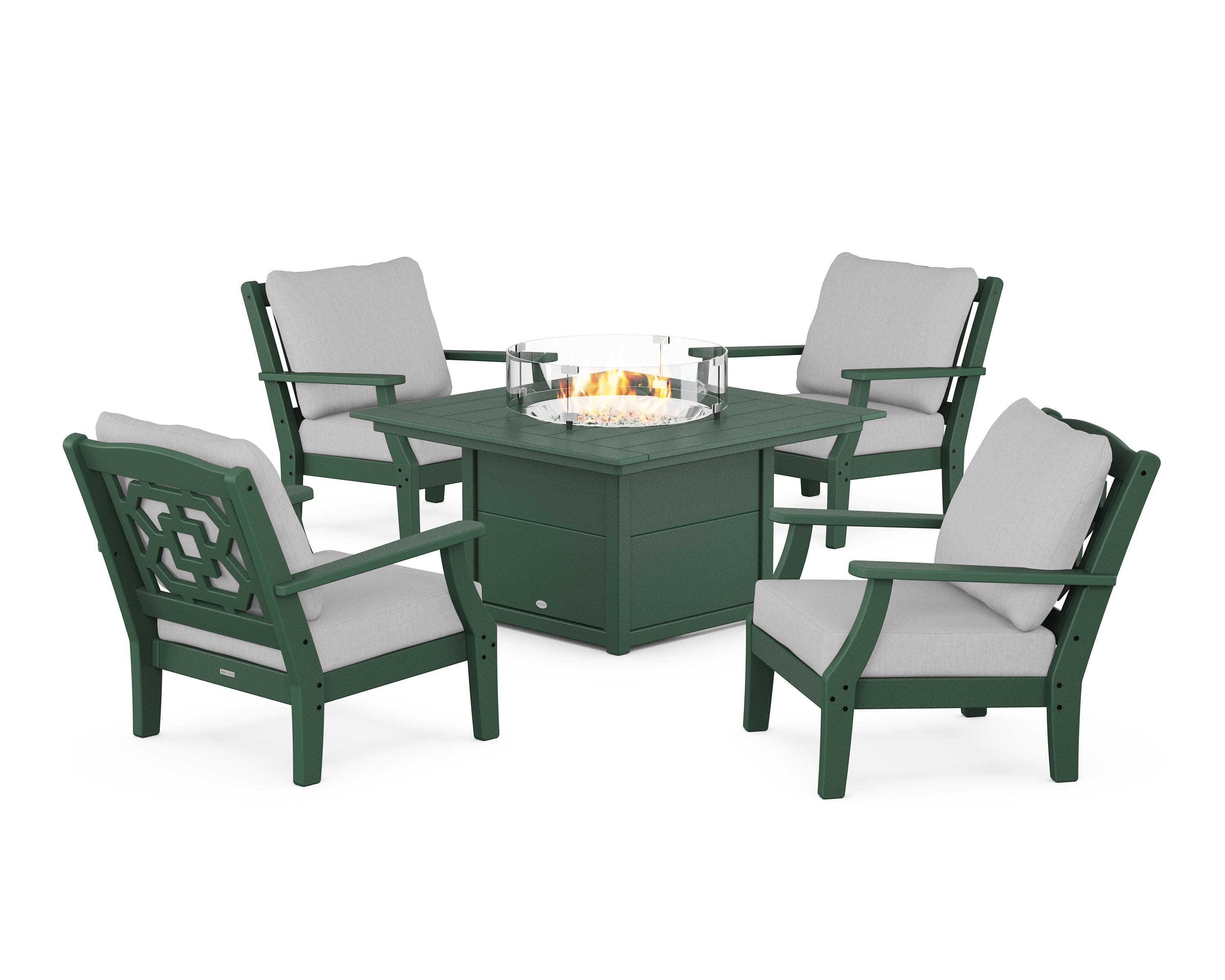 Chinoiserie 5-Piece Deep Seating Set with Fire Pit Table in Green / Granite