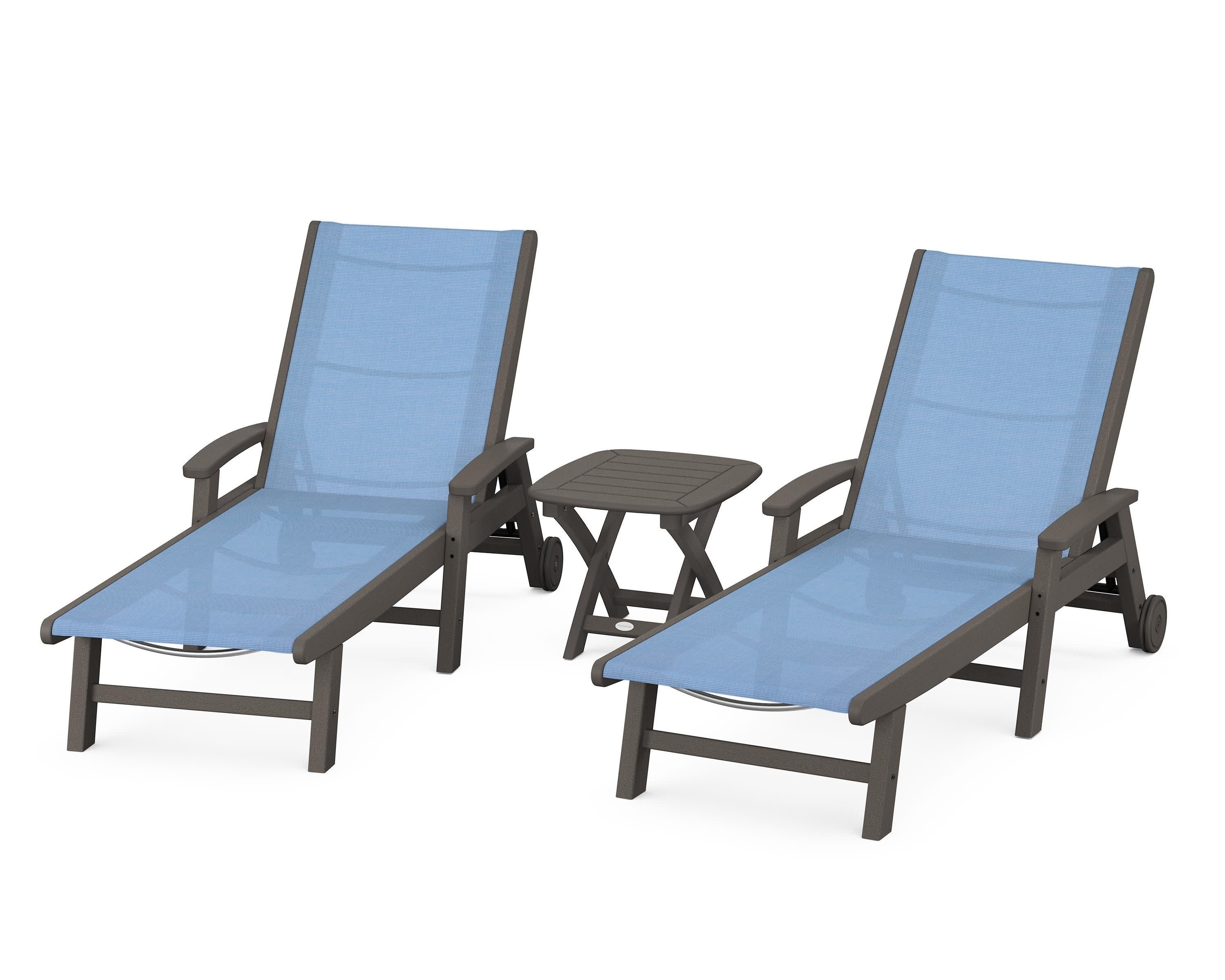 Coastal 3-Piece Wheeled Chaise Set in Vintage Coffee / Poolside Sling
