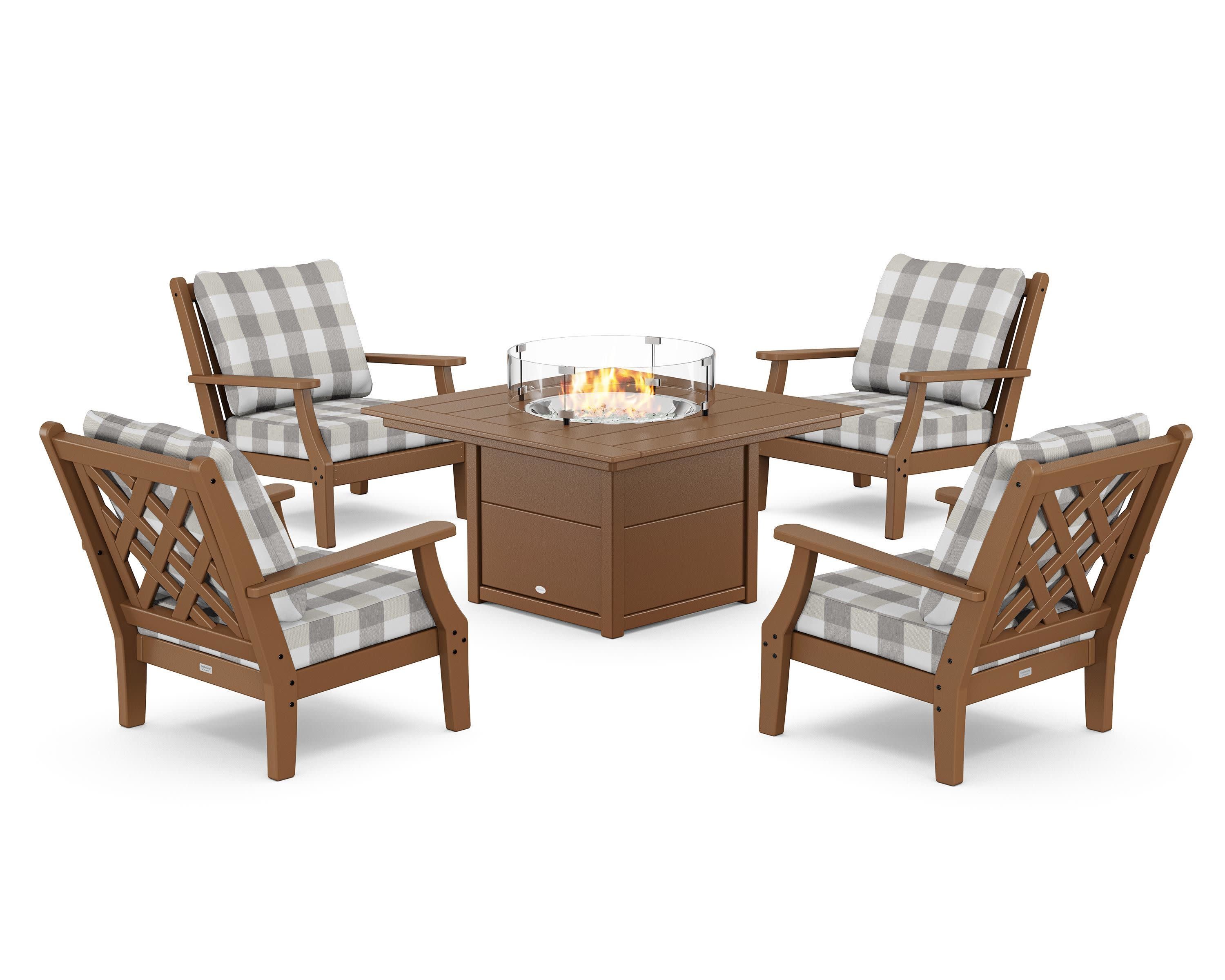 Wovendale 5-Piece Deep Seating Set with Fire Pit Table in Teak / Buffalo Plaid Grey Mist