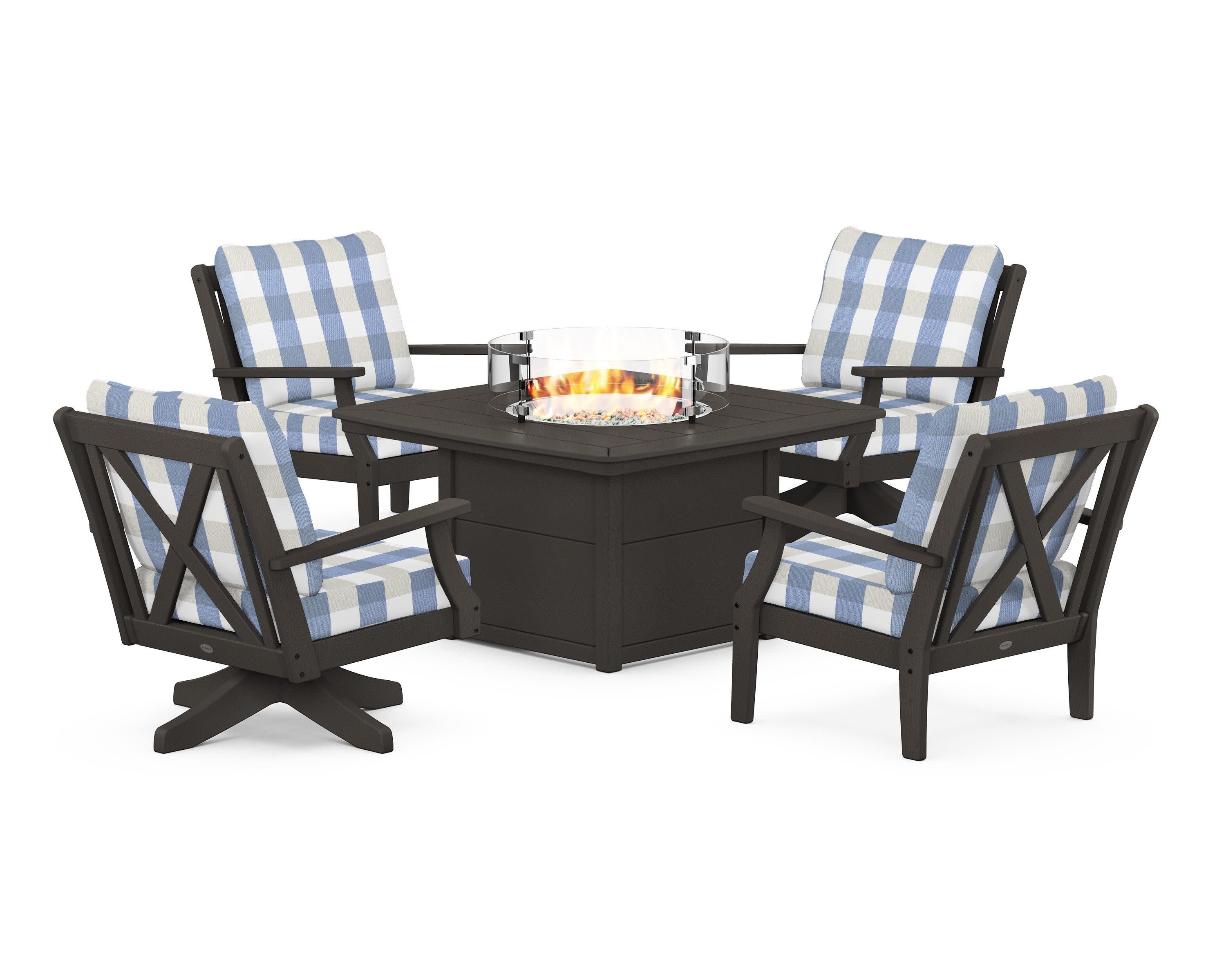 Braxton 5-Piece Deep Seating Set with Fire Table in Vintage Coffee / Buffalo Plaid Sky Blue