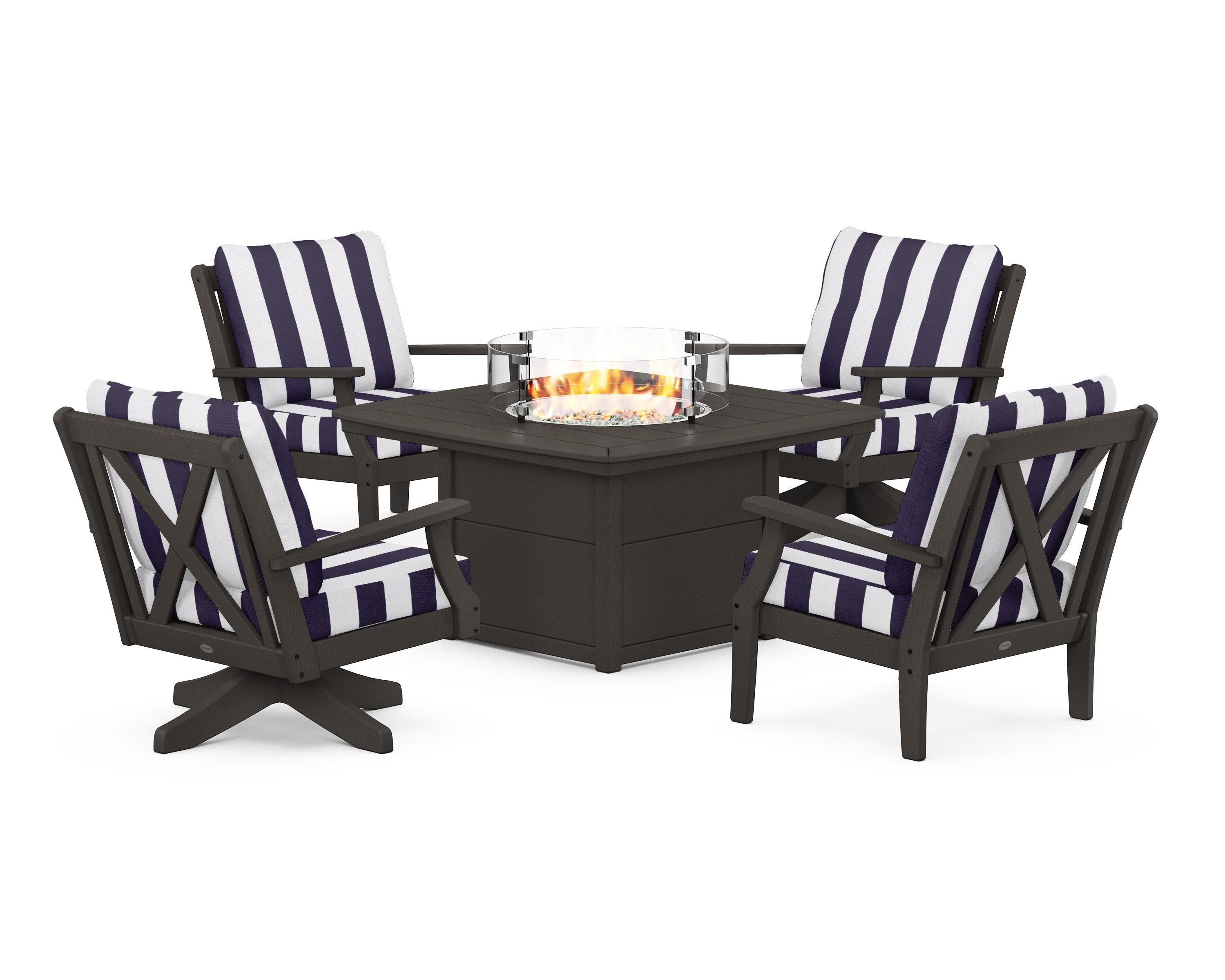 Braxton 5-Piece Deep Seating Set with Fire Table in Vintage Coffee / Cabana Stripe Navy